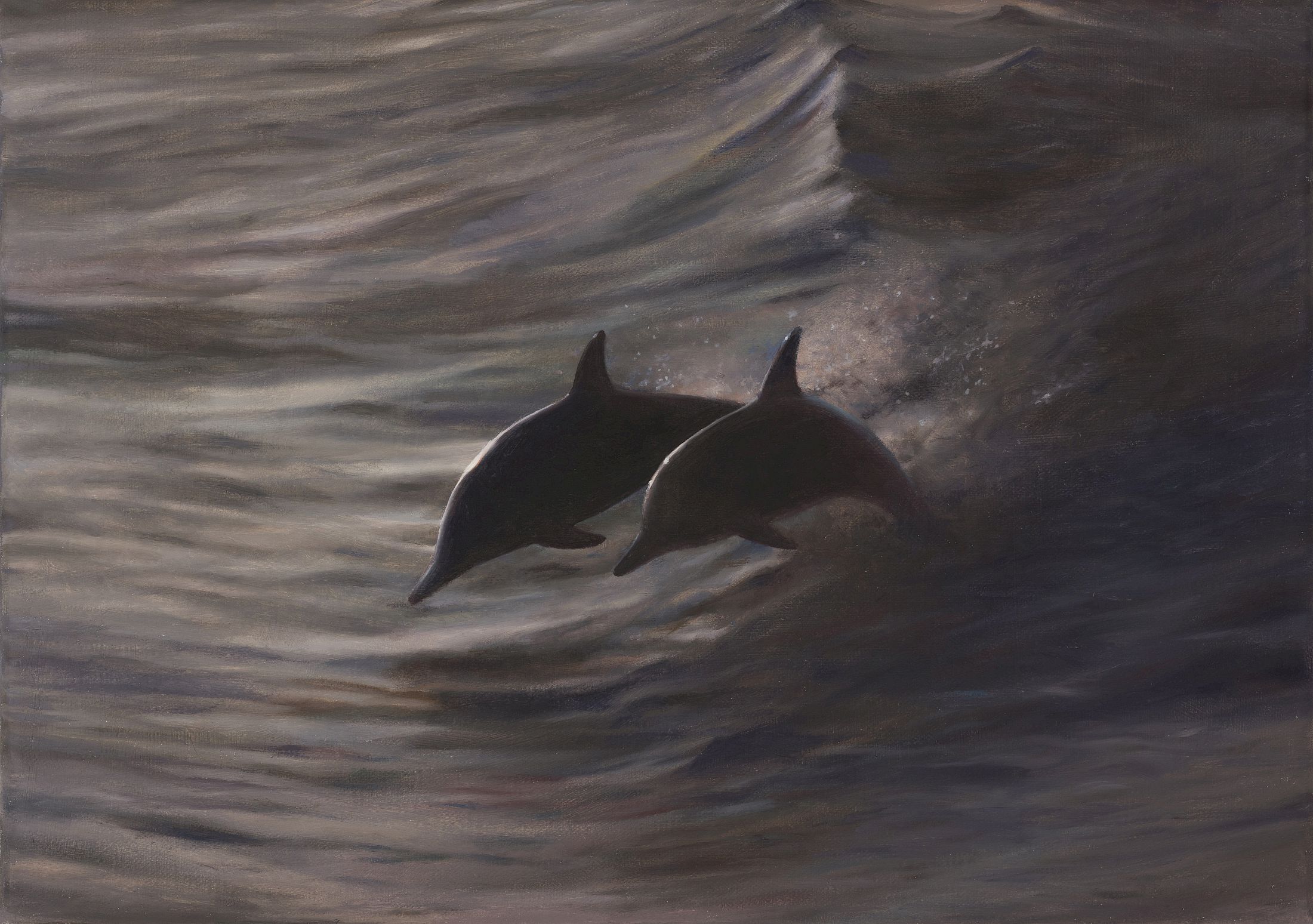 Exhibition View Solo Show Francisco Sierra «Alfombra ; view on Twee dolfijnen op de wiegende zee, 2025, Oil on canvas, 30 × 42 cm,» at Kunstmuseum Solothurn, 2025-2026 / Photo: Sebastian Verdon / Courtesy: the artist and von Bartha