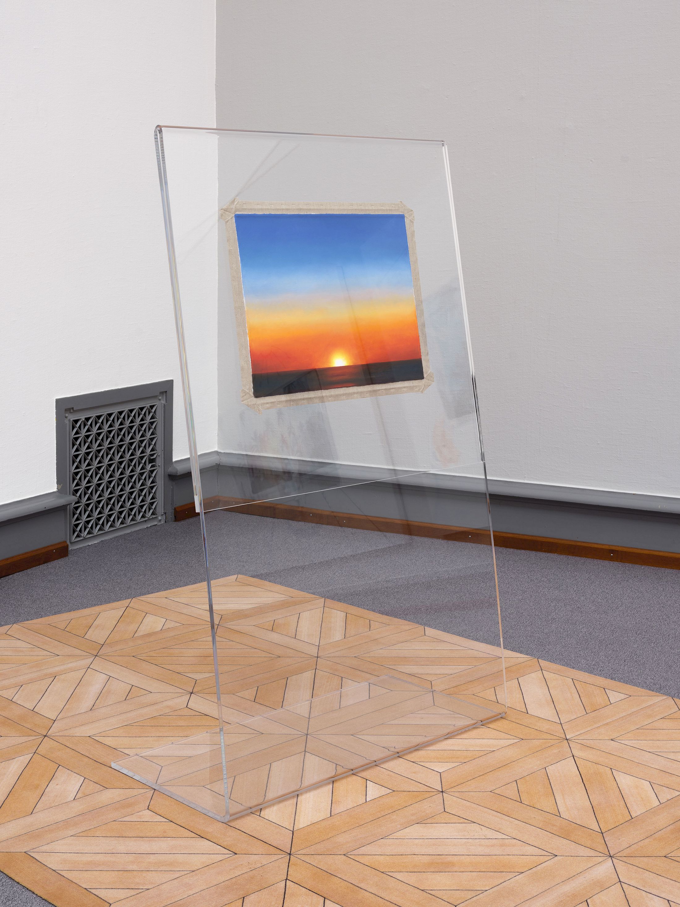 Exhibition View Solo Show Francisco Sierra «Alfombra ; view on O Sole Tuo, 2025, Canvas in custom made plexiglas display on printed carpet, each approx. 170 × 300 × 200 cm» at Kunstmuseum Solothurn, 2025-2026 / Photo: Sebastian Verdon / Courtesy: the artist and von Bartha