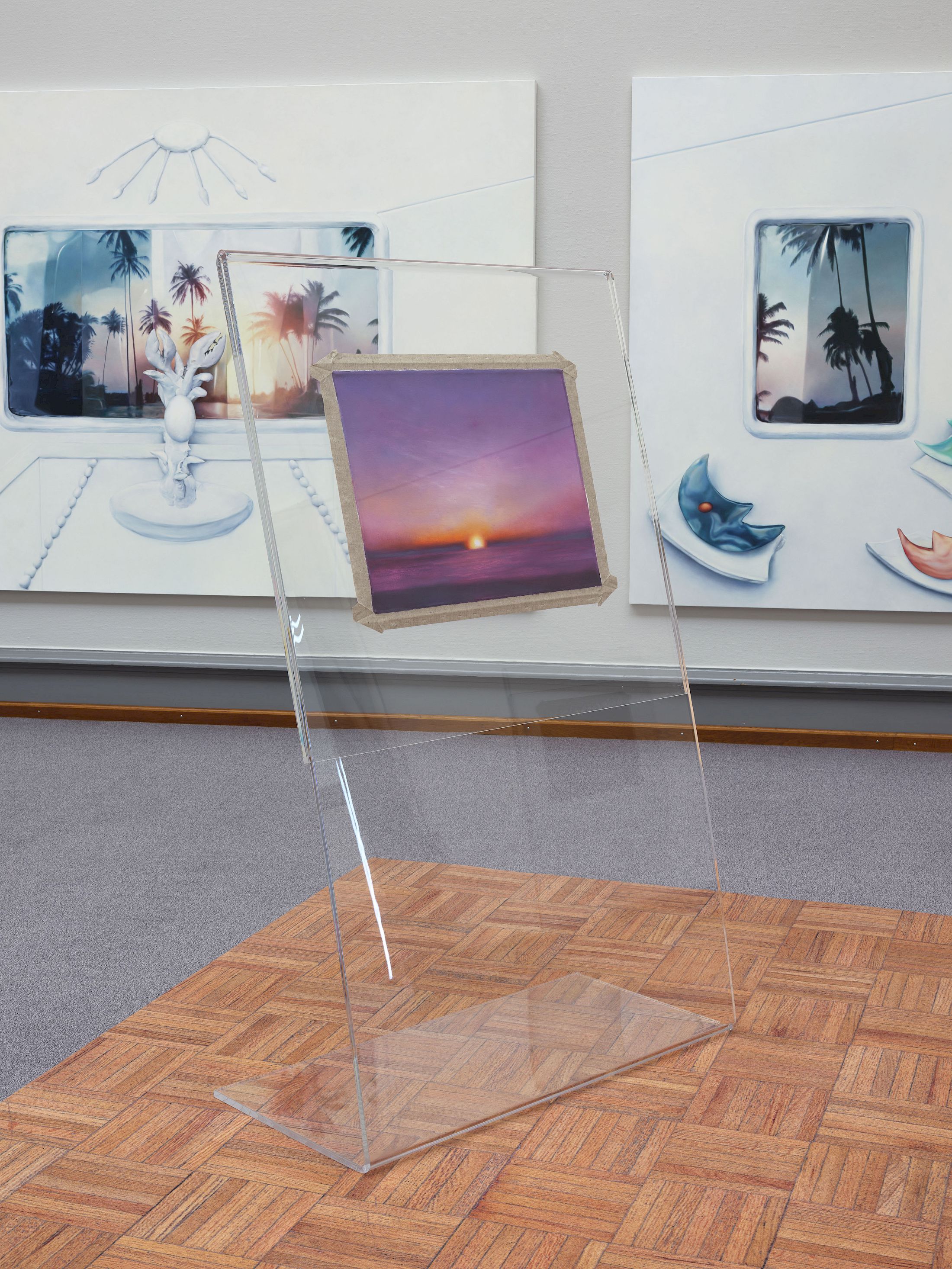 Exhibition View Solo Show Francisco Sierra «Alfombra ; view on O Sole Tuo, 2025, Canvas in custom made plexiglas display on printed carpet, each approx. 170 × 300 × 200 cm» at Kunstmuseum Solothurn, 2025-2026 / Photo: Sebastian Verdon / Courtesy: the artist and von Bartha