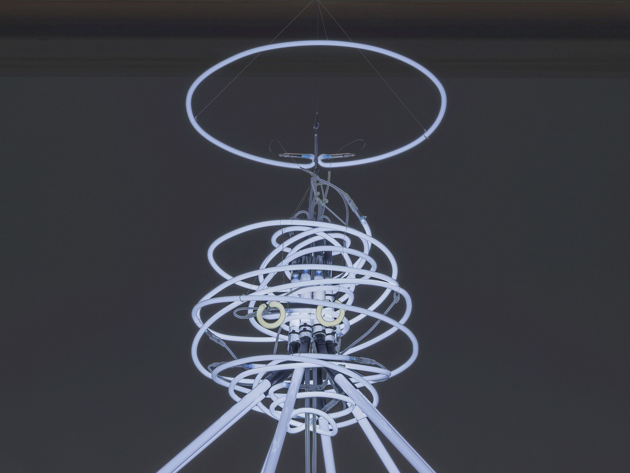 Exhibition View Solo Show Francisco Sierra «Alfombra ; view on The Holy Spider (detail), 2025, Neon, ca. 560 × 470 × 470 cm» at Kunstmuseum Solothurn, 2025-2026 / Photo: Sebastian Verdon / Courtesy: the artist and Kunstmuseum Solothurn