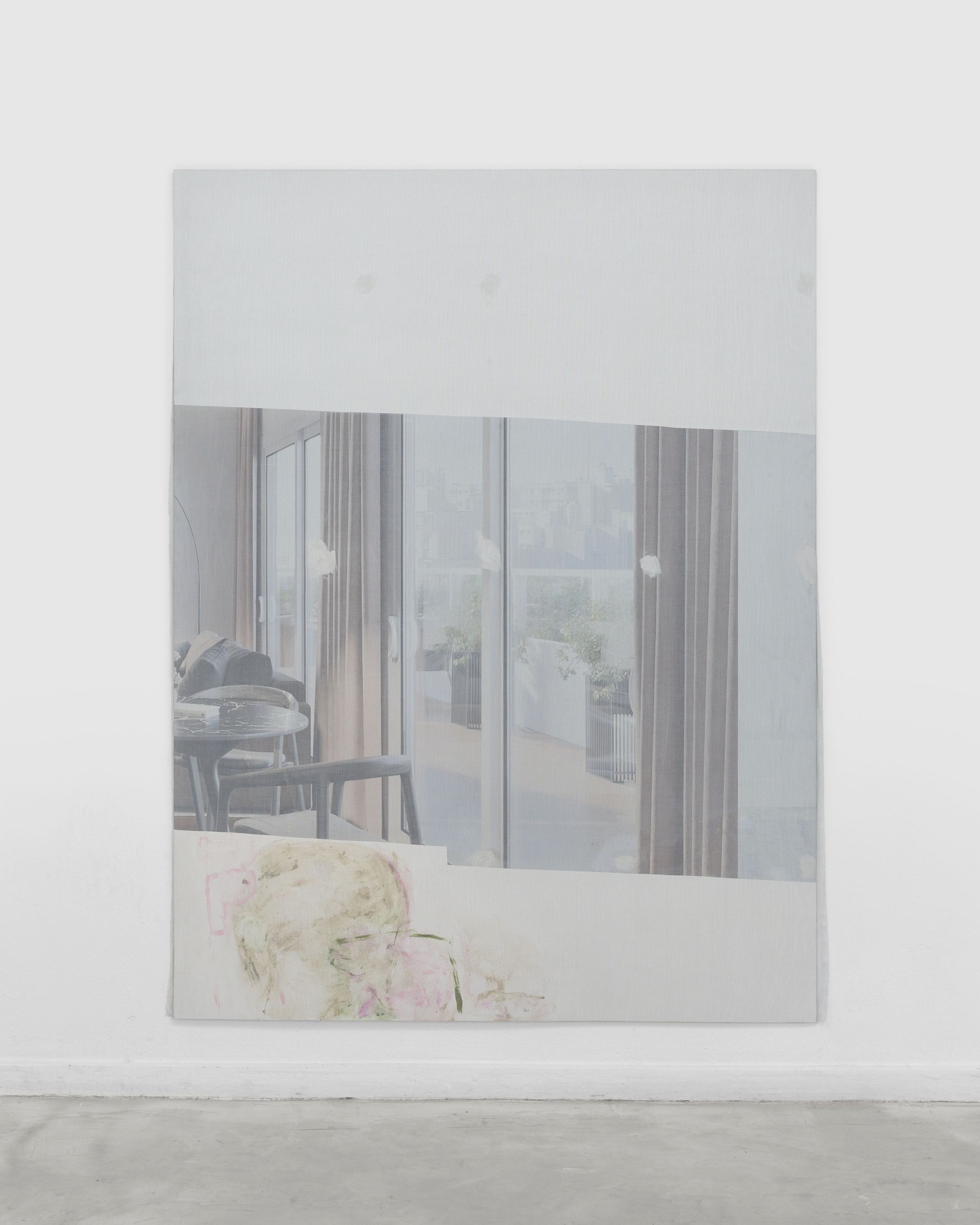 Exhibition View Group Show ; view on Gilles Jacot, It’s Always Summer and the Sky Is Blue, 2026, 145 × 190 × 0,5 cm, aluminium Dibond advertising board, fabric and industrial paint at Forde, Geneva, 2026 / Photo: Théa Giglio / Courtesy: the artist and Forde