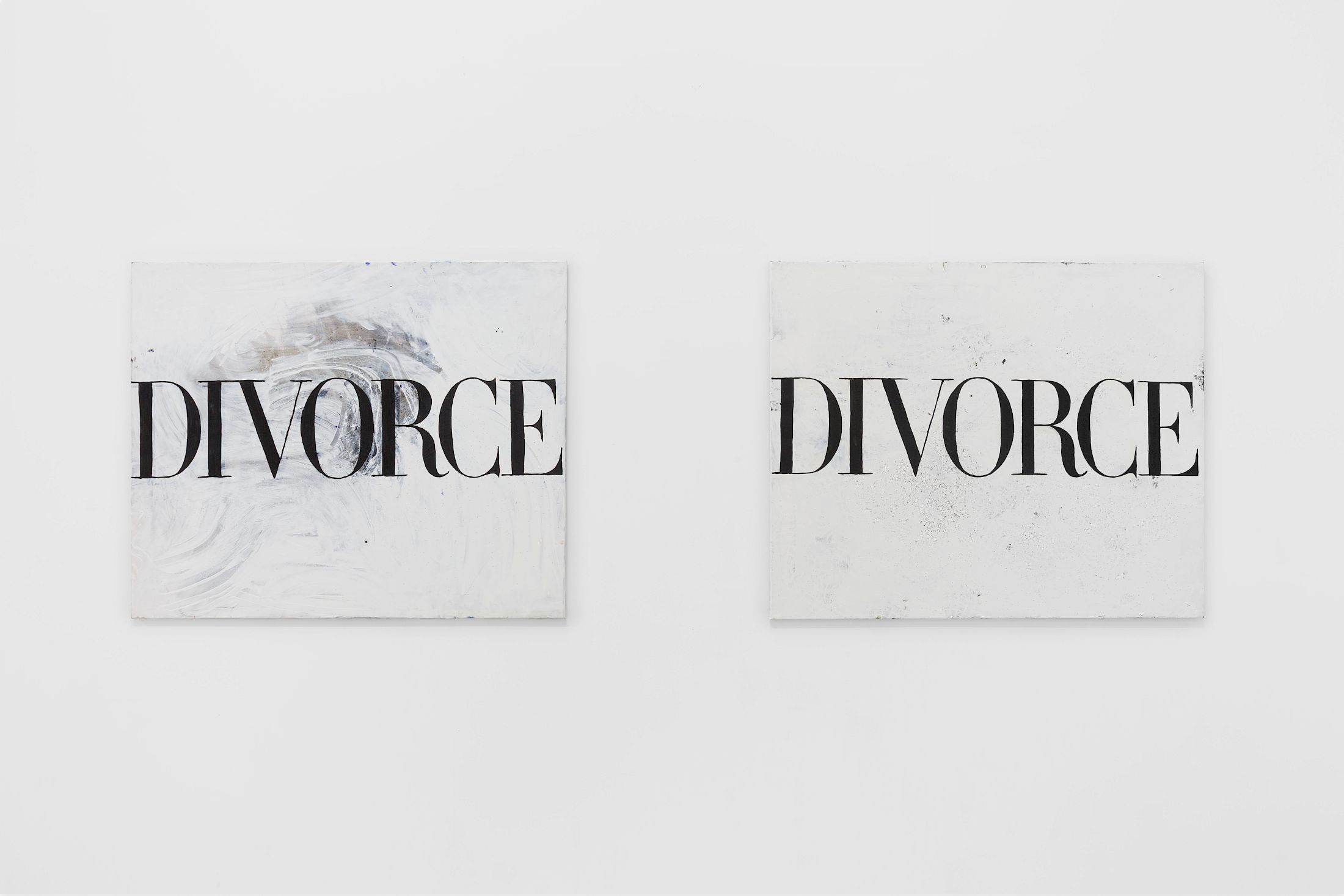 Exhibition View Group Show ; view on Jasmine Gregory, Divorce no.21, 2025, 110 × 90 cm, oil on linen and Divorce no.18, 2025, 110 × 90 cm, oil, acrylic, glitter on linen, at Forde, Geneva, 2026 / Photo: Théa Giglio / Courtesy: the artist, Sophie Tappeiner and Forde