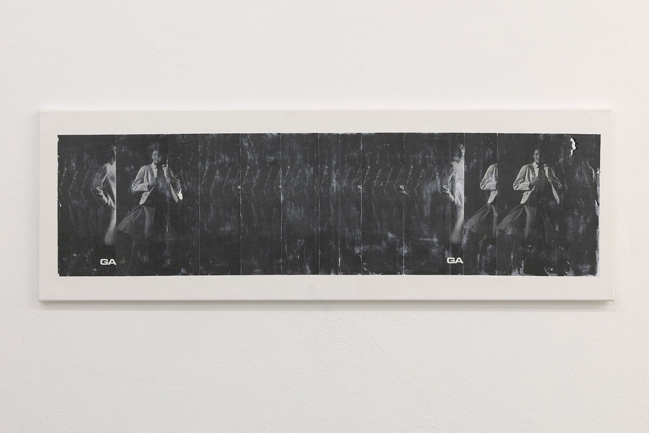 Exhibition View Solo Show Jiajia Zhang «How To Spend It ; view on How To Spend It (Attention, Collapse, Affection, Control, Absence, Circulation, Anxiety, Consumption, Afterglow) , 2025, Photo transfer on canvas, 40 × 120 cm» at Milieu, Bern, 2025 / Photo: Jiří Makovec / Courtesy: the artist and Milieu