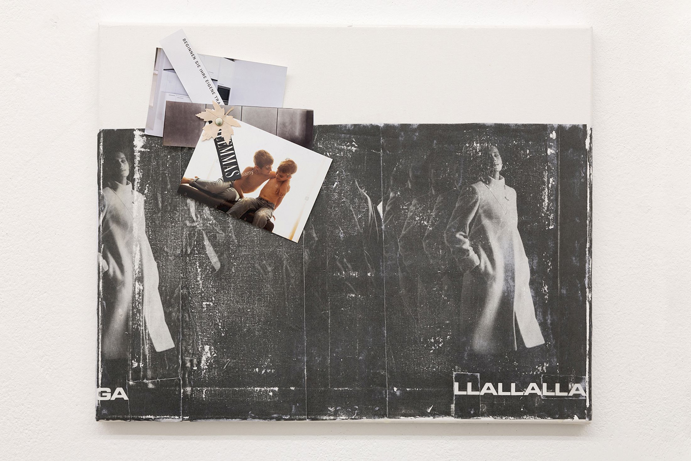 Exhibition View Solo Show Jiajia Zhang «How To Spend It ; view on How To Spend It (Attention, Collapse, Affection, Control, Absence, Circulation, Anxiety, Consumption, Afterglow) , 2025, Photo transfer on canvas, label, magazine cutout, photo print, 40 × 50 cm» at Milieu, Bern, 2025 / Photo: Jiří Makovec / Courtesy: the artist and Milieu