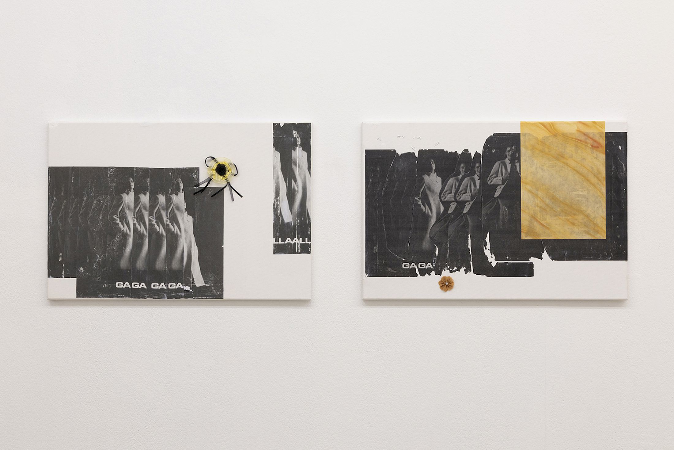 Exhibition View Solo Show Jiajia Zhang «How To Spend It ; view on  How To Spend It (Attention, Collapse, Affection, Control, Absence, Circulation, Anxiety, Consumption, Afterglow) , 2025, Photo transfer on canvas, newspaper clipping, vinyl sticker, magazine cutout, ribbon of, honour, party hat, 40 × 120 cm» at Milieu, Bern, 2025 / Photo: Jiří Makovec / Courtesy: the artist and Milieu