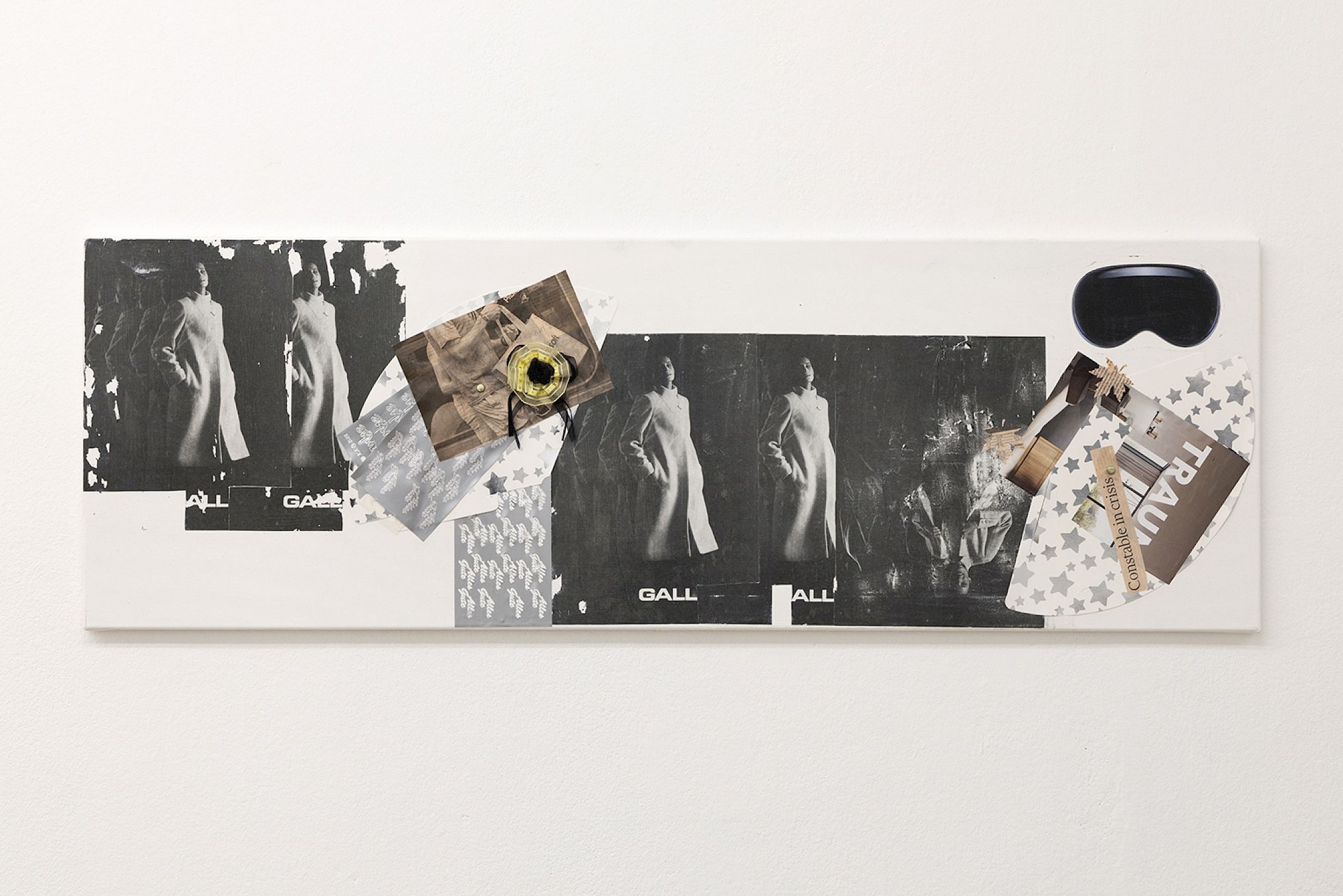 Exhibition View Solo Show Jiajia Zhang «How To Spend It ; view on  How To Spend It (Attention, Collapse, Affection, Control, Absence, Circulation, Anxiety, Consumption, Afterglow) , 2025, Photo transfer on canvas, newspaper clipping, vinyl sticker, magazine cutout, ribbon of, honour, party hat, 40 × 120 cm» at Milieu, Bern, 2025 / Photo: Jiří Makovec / Courtesy: the artist and Milieu