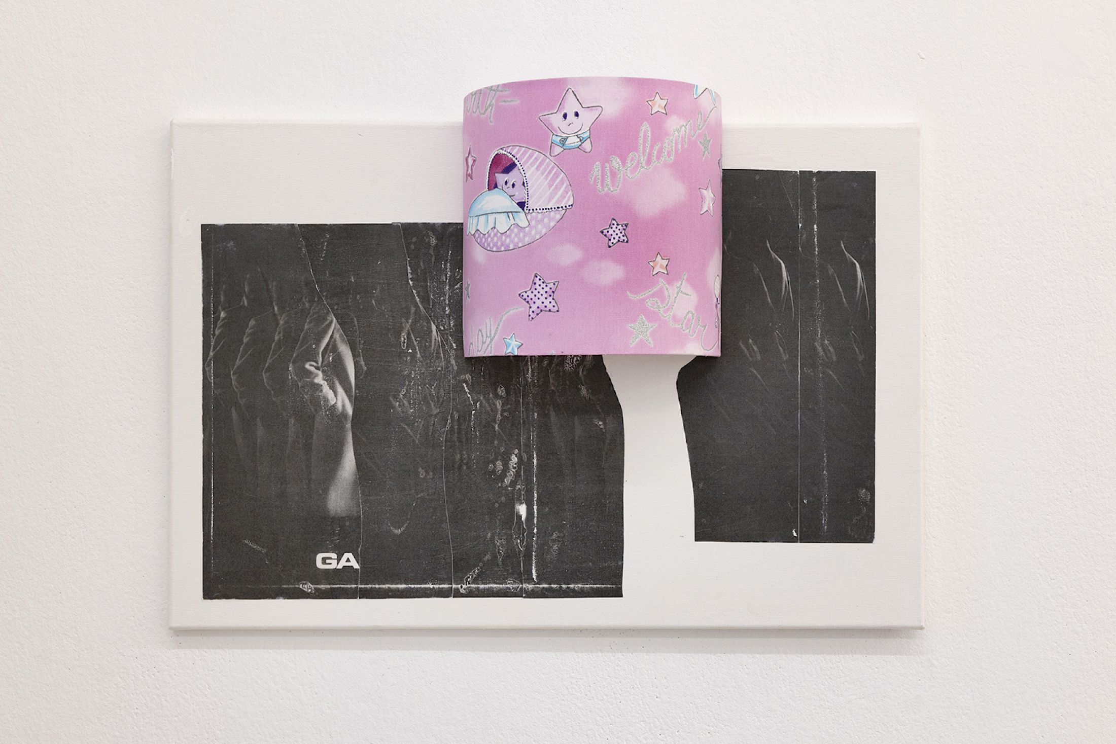 Exhibition View Solo Show Jiajia Zhang «How To Spend It ; view on How To Spend It (Attention, Collapse, Affection, Control, Absence, Circulation, Anxiety, Consumption, Afterglow) , 2025, Photo transfer on canvas, lampshade, 40 × 60 cm» at Milieu, Bern, 2025 / Photo: Jiří Makovec / Courtesy: the artist and Milieu