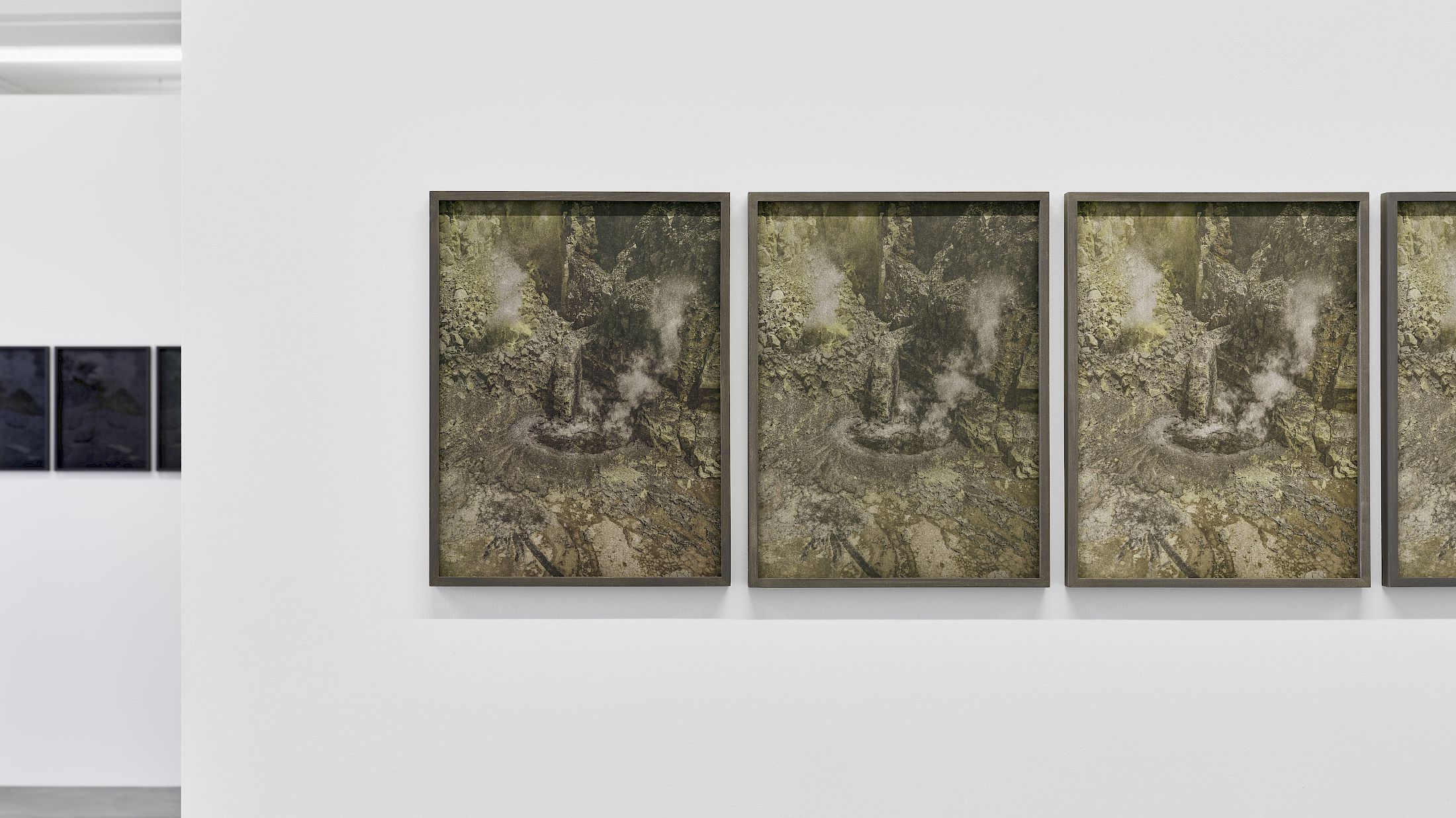 Exhibition View Solo Show Julian Charrière «After the Smoke Cradle ; view on After the Smoke Cradle (Stone 1-33), 2025, Photolithography with pigments made from volcanic ash, lava, obsidian, and sulfur, in artist's frame, 42.2 x 32.2 x 3 cm» at Edition VFO, Zurich, 2026 / Photo: Bernhard Strauss / Courtesy: the artist and Edition VFO