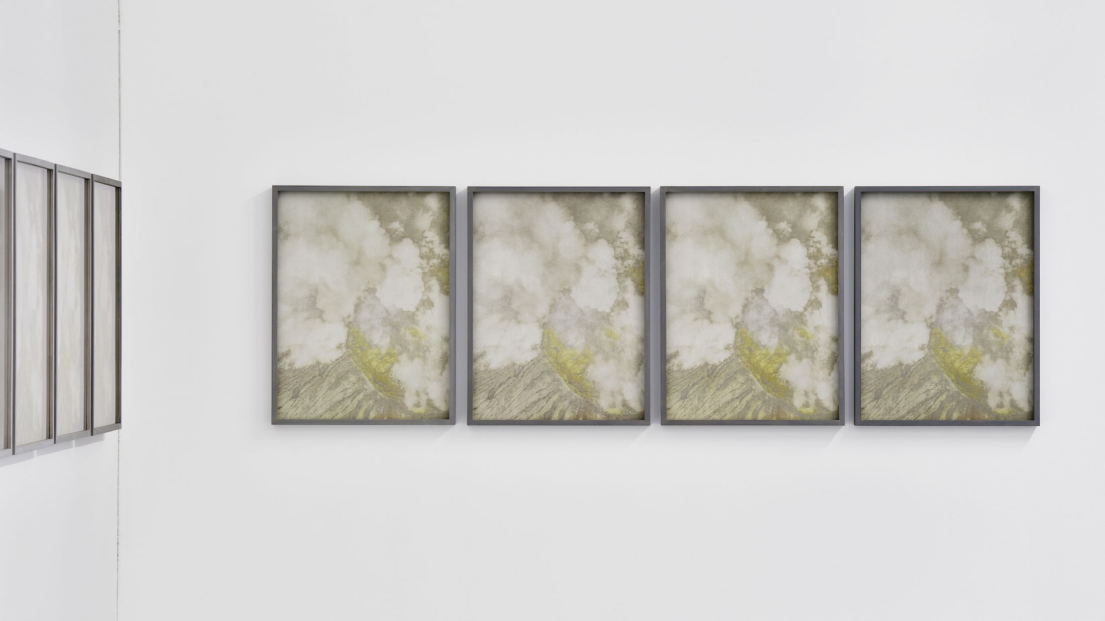 Exhibition View Solo Show Julian Charrière «After the Smoke Cradle ; view on After the Smoke Cradle  (Vog 1-33), 2025, Photolithography with pigments made from volcanic ash, lava, obsidian, and sulfur, in artist's frame, 42.2 x 32.2 x 3 cm» at Edition VFO, Zurich, 2026 / Photo: Bernhard Strauss / Courtesy: the artist and Edition VFO