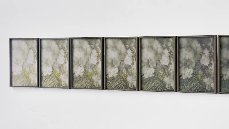Exhibition View Solo Show Julian Charrière «After the Smoke Cradle ; view on After the Smoke Cradle  (Vog 1-33), 2025, Photolithography with pigments made from volcanic ash, lava, obsidian, and sulfur, in artist's frame, 42.2 x 32.2 x 3 cm» at Edition VFO, Zurich, 2026 / Photo: Bernhard Strauss / Courtesy: the artist and Edition VFO