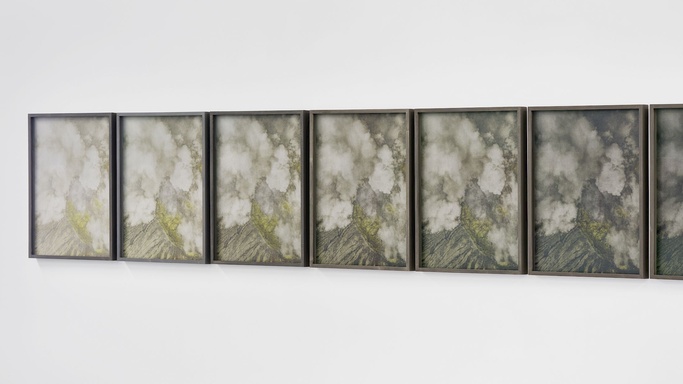 Exhibition View Solo Show Julian Charrière «After the Smoke Cradle ; view on After the Smoke Cradle  (Vog 1-33), 2025, Photolithography with pigments made from volcanic ash, lava, obsidian, and sulfur, in artist's frame, 42.2 x 32.2 x 3 cm» at Edition VFO, Zurich, 2026 / Photo: Bernhard Strauss / Courtesy: the artist and Edition VFO