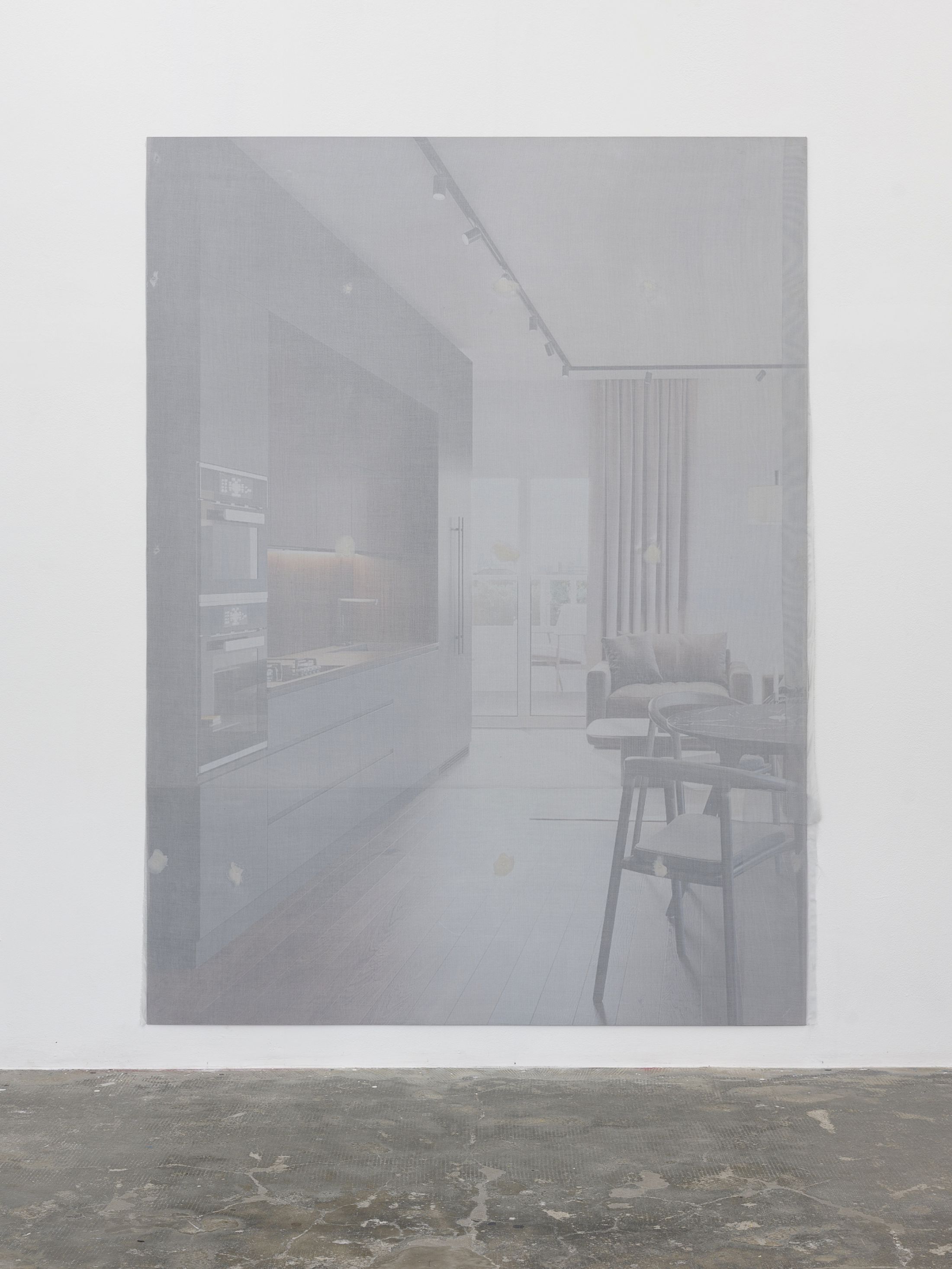 Exhibition View Group Show «Long distance relationship ; view on Gilles Jacot, it’s always summer and the sky is blue, 2025, alu dibond advertising board, fabric, mastic, 200 × 150 × 0.5cm» at Smallville, Neuchâtel, 2025 / Photo: Sebastien Verdon / Courtesy: the artists and Smallville