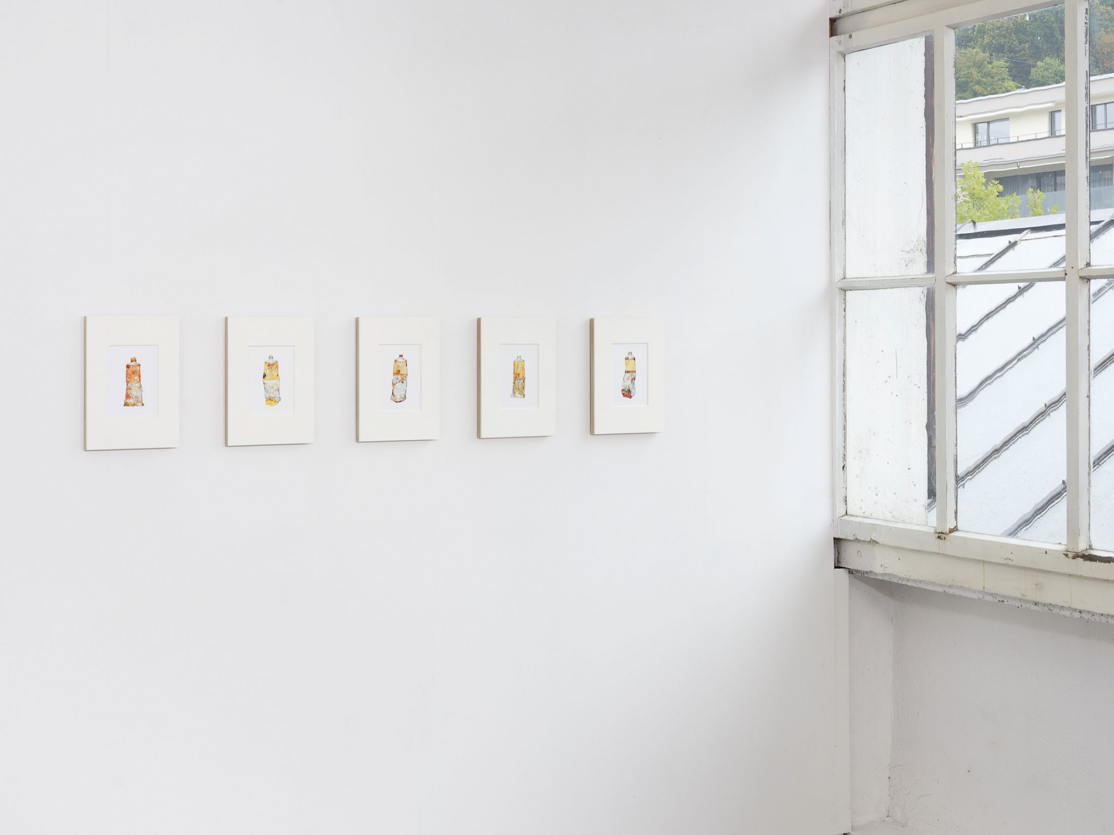 Exhibition View Group Show «Long distance relationship ; view on Théa Giglio, Still Life (after Eric Vial), 2020–2025, inkjet print on Extra Life paper, MDF, exposed mounting, 21 × 27 cm each (×5)» at Smallville, Neuchâtel, 2025 / Photo: Sebastien Verdon / Courtesy: the artists and Smallville
