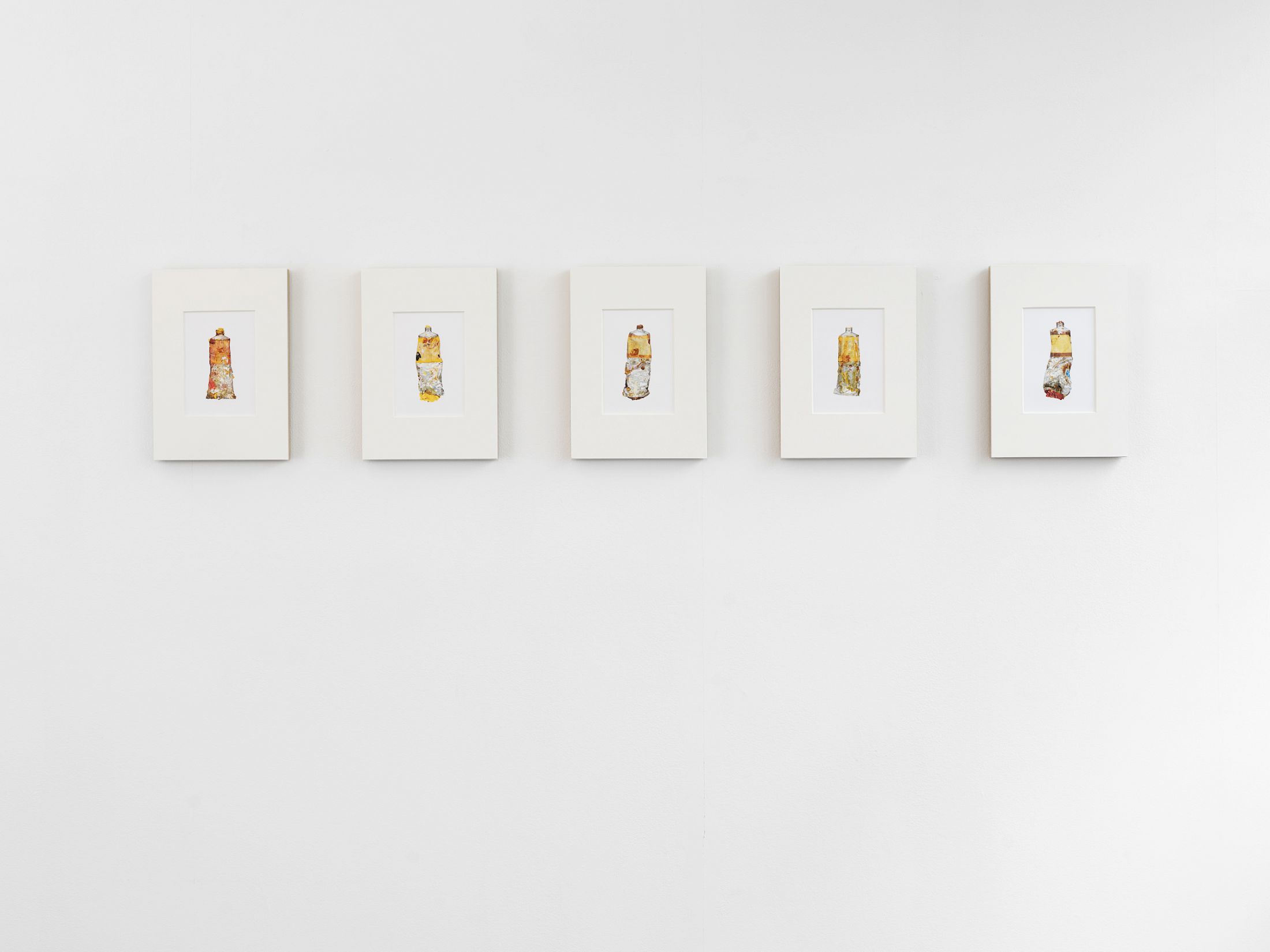 Exhibition View Group Show «Long distance relationship ; view on Théa Giglio, Still Life (after Eric Vial), 2020–2025, inkjet print on Extra Life paper, MDF, exposed mounting, 21 × 27 cm each (×5)» at Smallville, Neuchâtel, 2025 / Photo: Sebastien Verdon / Courtesy: the artists and Smallville