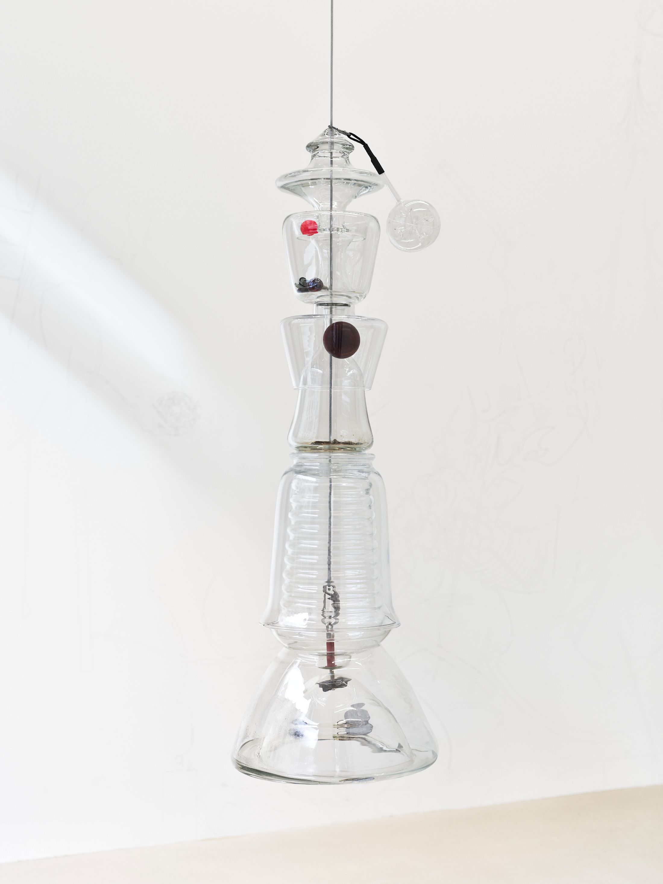 Exhibition View Solo Show Mathis Pfäffli «Meteora ; view on Collector XI, 2025, found and collected glass, found metal objects, metal wires, screws, hooks, gathered findings 103 × 35 cm» at Damien and the Love Guru, Zurich, 2025-2026 / Photo: Felix Jungo / Courtesy: the artist and Damien and the Love Guru