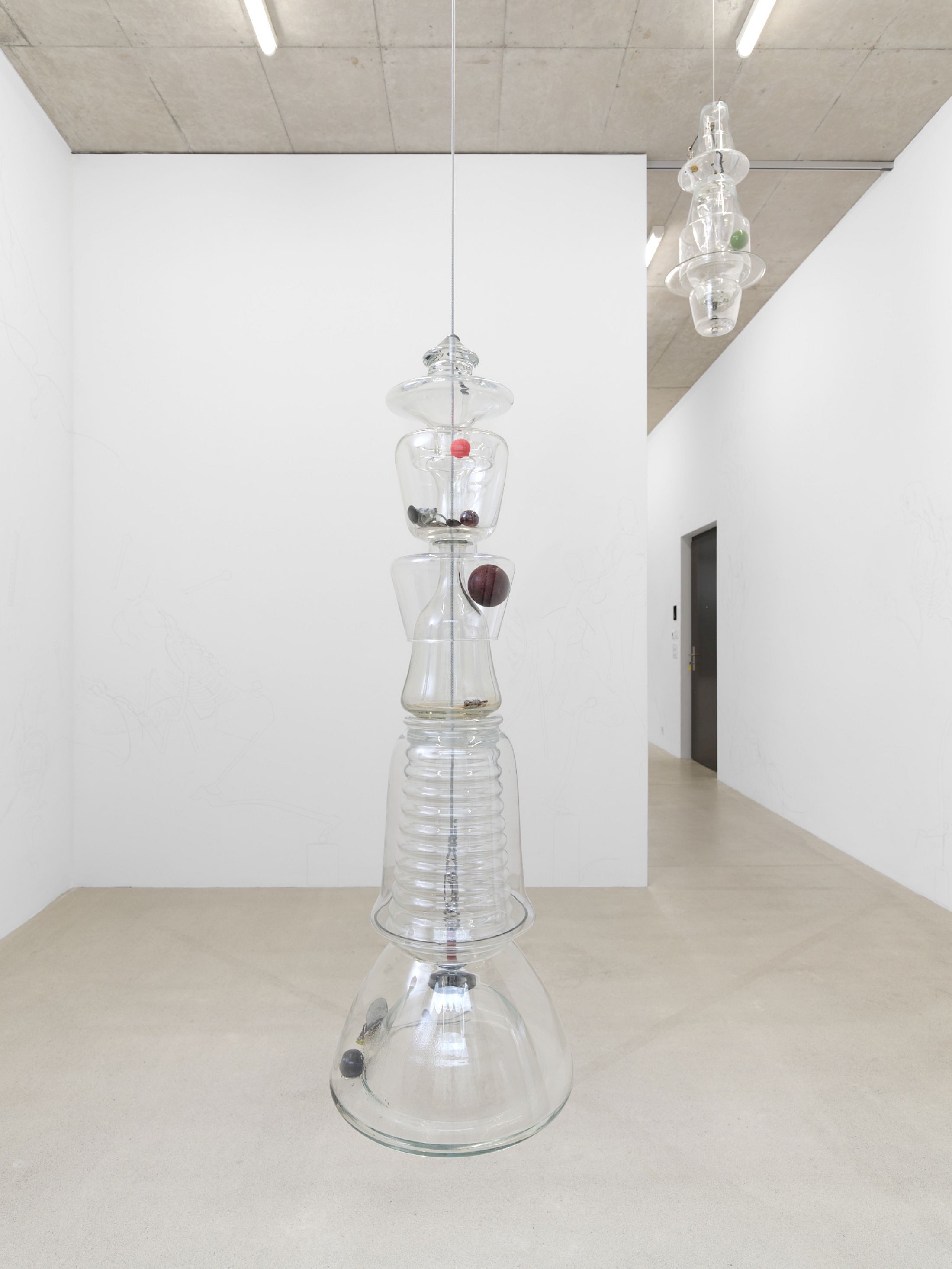 Exhibition View Solo Show Mathis Pfäffli «Meteora ; view on Collector XI, 2025, found and collected glass, found metal objects, metal wires, screws, hooks, gathered findings 103 × 35 cm» at Damien and the Love Guru, Zurich, 2025-2026 / Photo: Felix Jungo / Courtesy: the artist and Damien and the Love Guru