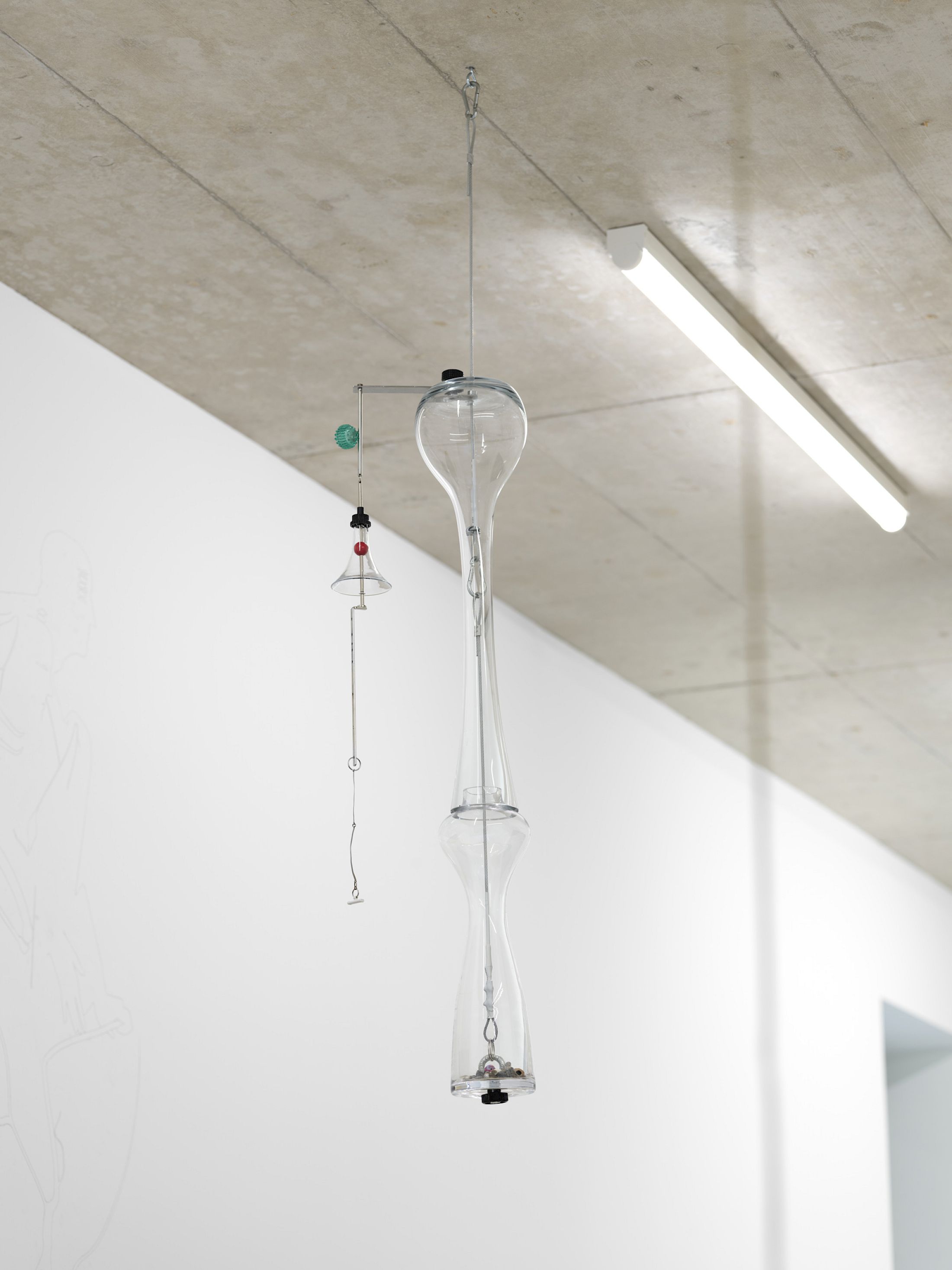 Exhibition View Solo Show Mathis Pfäffli «Meteora ; view on Collector XIIII, 2025, found and collected glass, found metal objects, metal wires, screws, hooks, gathered findings, 100 × 13 cm» at Damien and the Love Guru, Zurich, 2025-2026 / Photo: Felix Jungo / Courtesy: the artist and Damien and the Love Guru