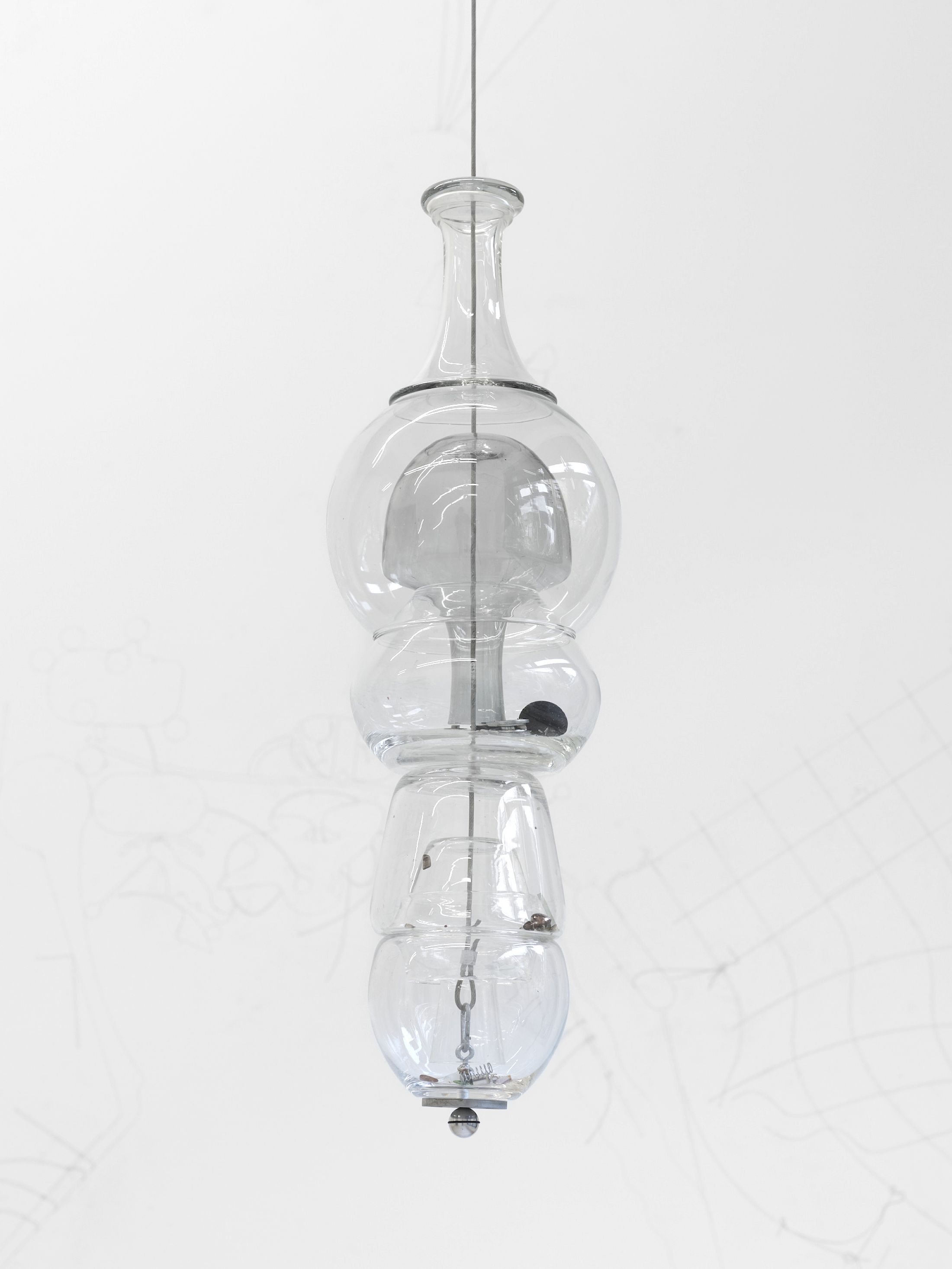 Exhibition View Solo Show Mathis Pfäffli «Meteora ; view on Collector XII, 2025, found and collected glass, found metal objects, metal wires, screws, hooks, gathered findings, 80 × 25 cm» at Damien and the Love Guru, Zurich, 2025-2026 / Photo: Felix Jungo / Courtesy: the artist and Damien and the Love Guru