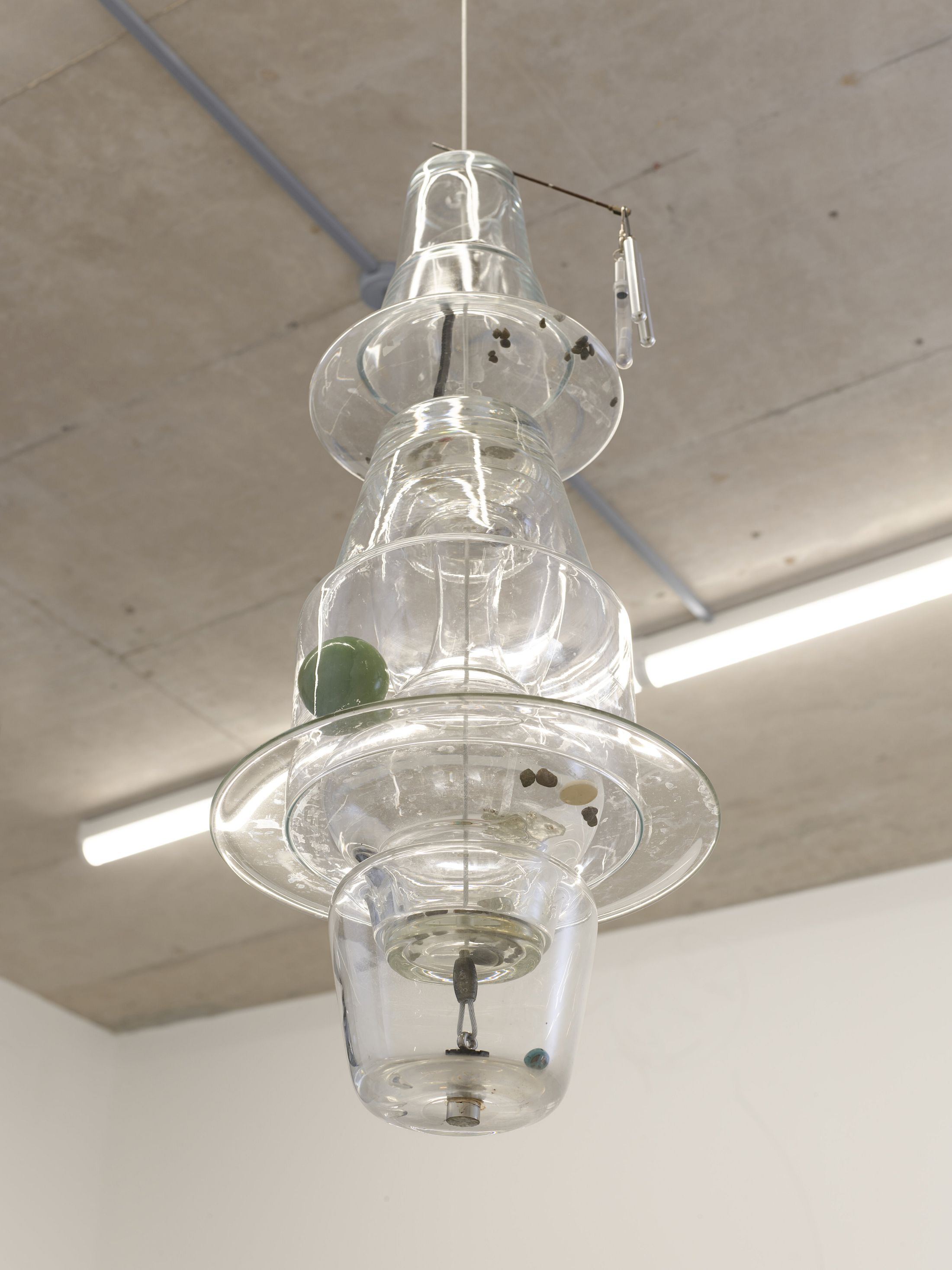 Exhibition View Solo Show Mathis Pfäffli «Meteora ; view on Collector X, 2025, found and collected glass, found metal objects, metal wires, screws, hooks, gathered findings, 75 × 31 cm» at Damien and the Love Guru, Zurich, 2025-2026 / Photo: Felix Jungo / Courtesy: the artist and Damien and the Love Guru