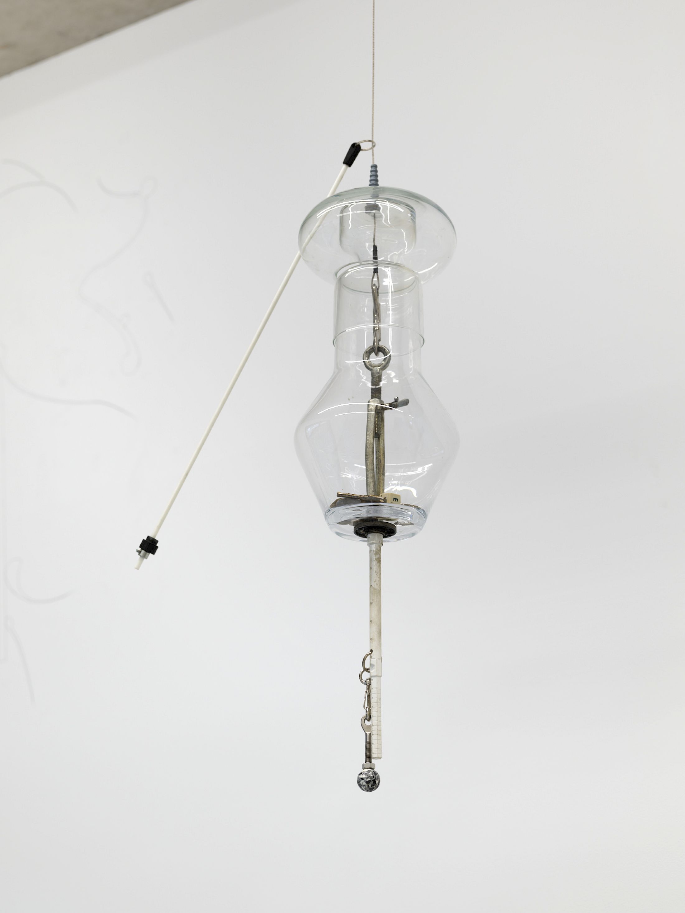 Exhibition View Solo Show Mathis Pfäffli «Meteora ; view on Collector VIII, 2025, found and collected glass, found metal objects, metal wires, screws, hooks, gathered findings, 70 × 20 cm» at Damien and the Love Guru, Zurich, 2025-2026 / Photo: Felix Jungo / Courtesy: the artist and Damien and the Love Guru