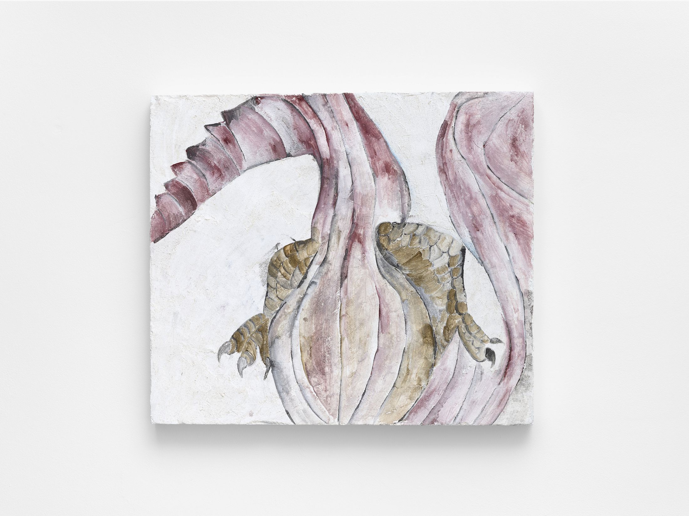 Exhibition View Solo Show Melanie Kitti «Reverse Cry ; view on Reverse Cry 1, 2025, fresco: plaster, slaked lime putty paste, washed river sand, pigment, 49 × 56 × 4 cm» at Damien and the Love Guru, Zürich, 2025 / Photo: Felix Jungo / Courtesy: the artist and Damien and the Love Guru