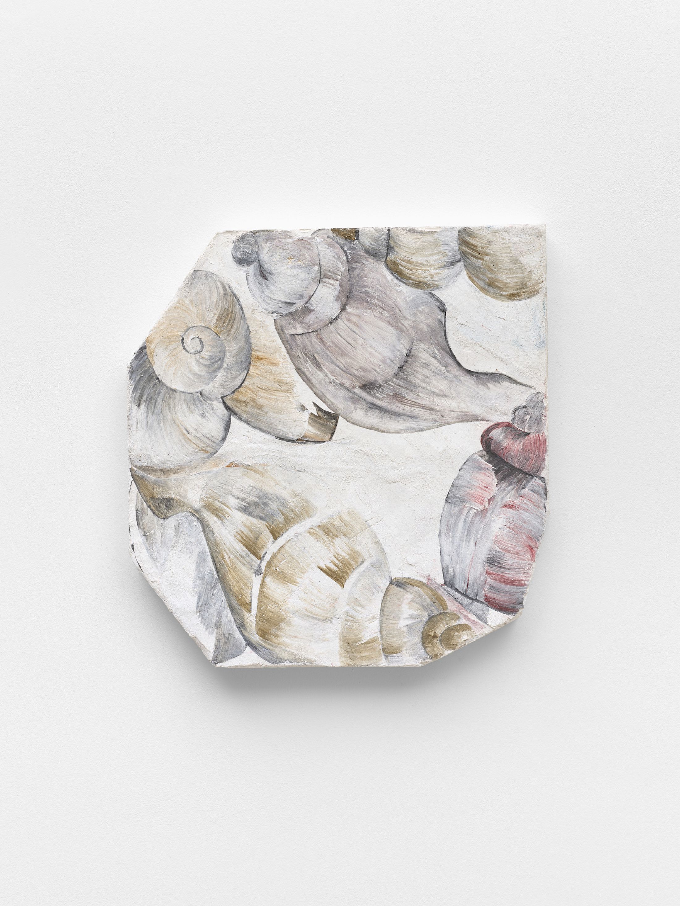 Exhibition View Solo Show Melanie Kitti «Reverse Cry ; view on Reverse Cry 5, 2025, fresco: plaster, slaked lime putty paste, washed river sand, pigment, 47 × 45 × 4 cm» at Damien and the Love Guru, Zürich, 2025 / Photo: Felix Jungo / Courtesy: the artist and Damien and the Love Guru