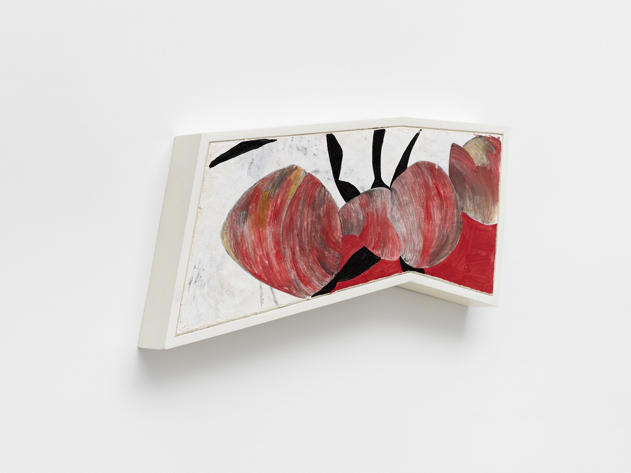 Exhibition View Solo Show Melanie Kitti «Reverse Cry ; view on Reverse Cry 7, 2025, fresco: plaster, slaked lime putty paste, washed river sand, pigment, pine and linseed oil frame, 32.5 × 71 × 8 cm» at Damien and the Love Guru, Zürich, 2025 / Photo: Felix Jungo / Courtesy: the artist and Damien and the Love Guru