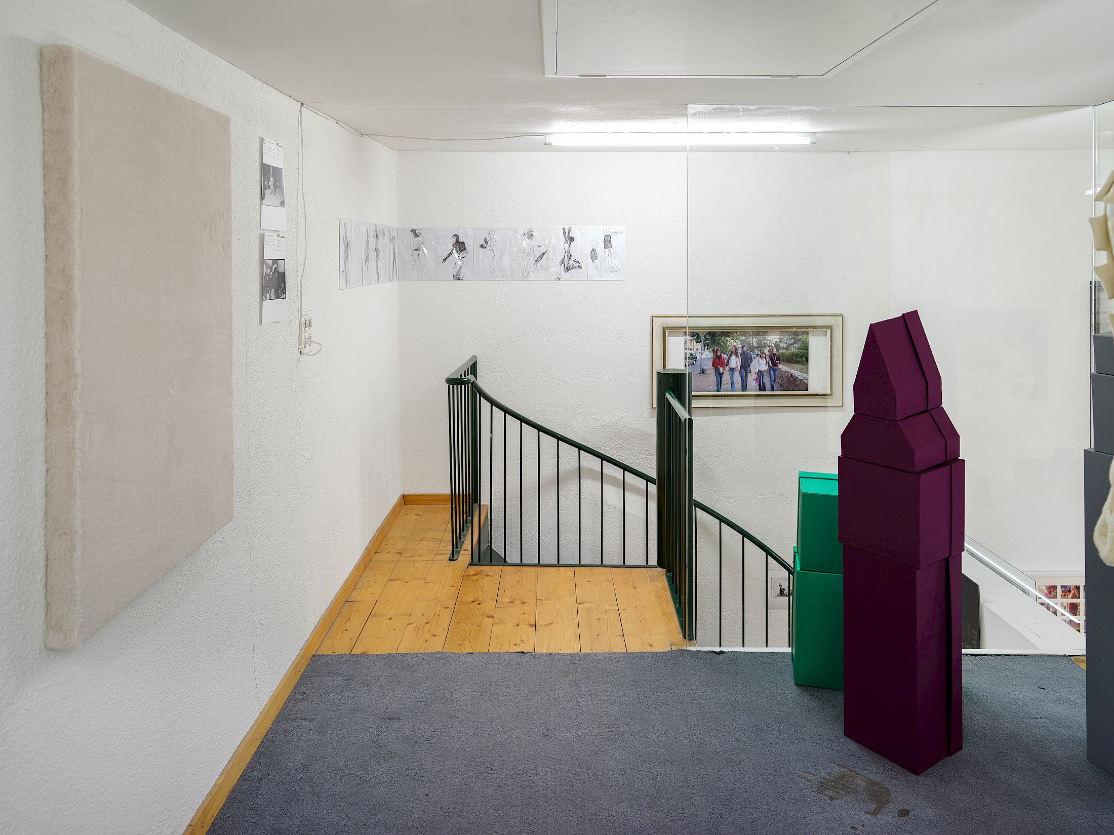 Exhibition View Group Show «Passage du Commerce ; view on Solomon Garçon, Bonnie, 2025 / Louis Backhouse, Catwoman Drawings, 2024 ; Sveta Mordovskaya, Keep Facing Sideways, 2025 ; Ferdinand Kalfoss, Attractions (Landmarks) Empire, Notre Dame, Big Ben, 2025» at Kunsthalle Winterthur, Winterthur, 2025-2026 / Photo: Cedric Mussano / Courtesy: the artist and  Kunsthalle Winterthur