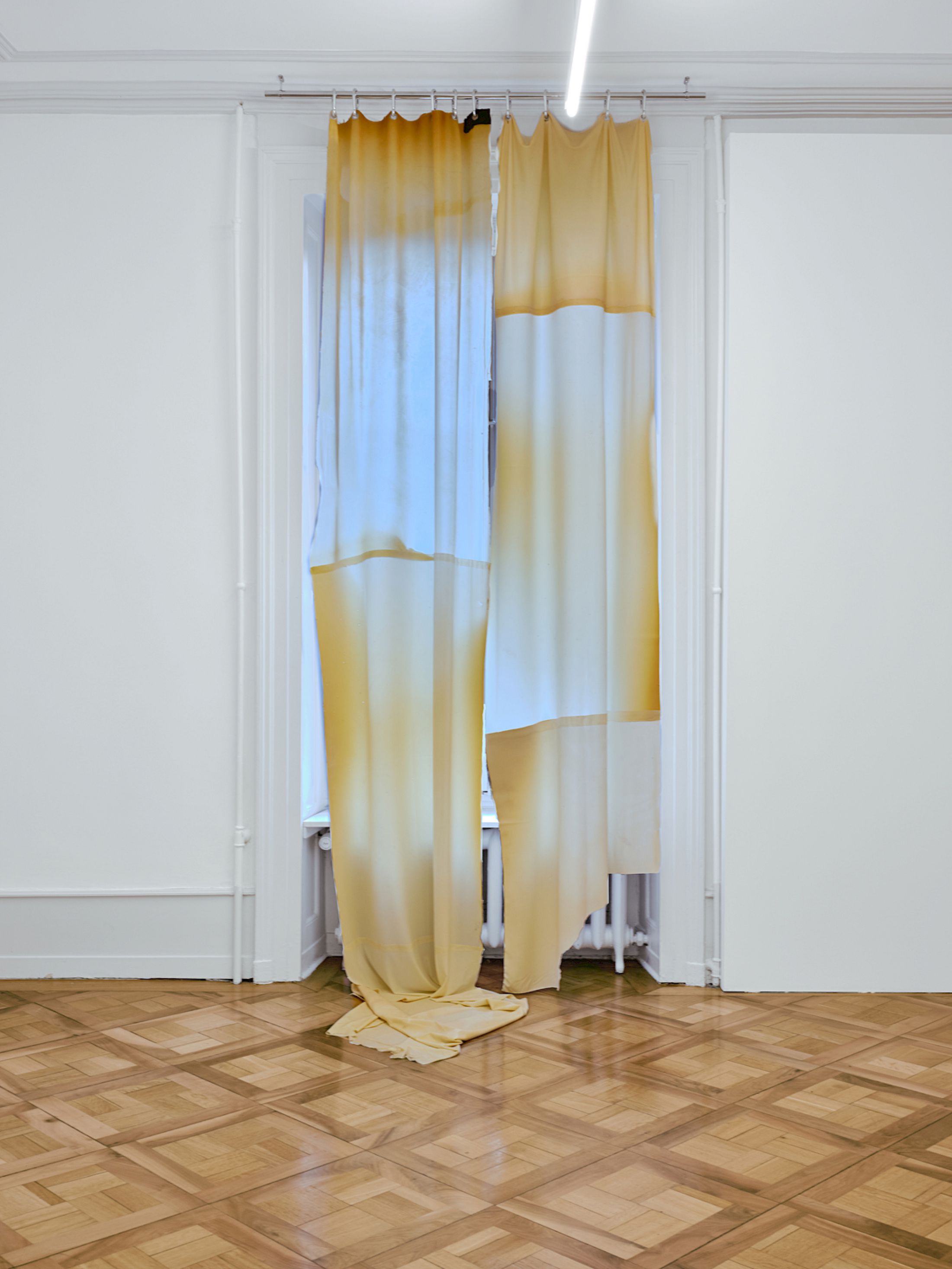 Exhibition View Group Show «Stitches: A Haunted House and Other Ghost Stories ; view on Li Tavor, Bright Curtains I, II, III, 2025, pigmented latex curtains, aluminum, carabiners» at Villa Bernasconi, Lancy, Geneva, 2026 / Photo: Nicolas Delaroche / Courtesy: the artists and Villa Bernasconi