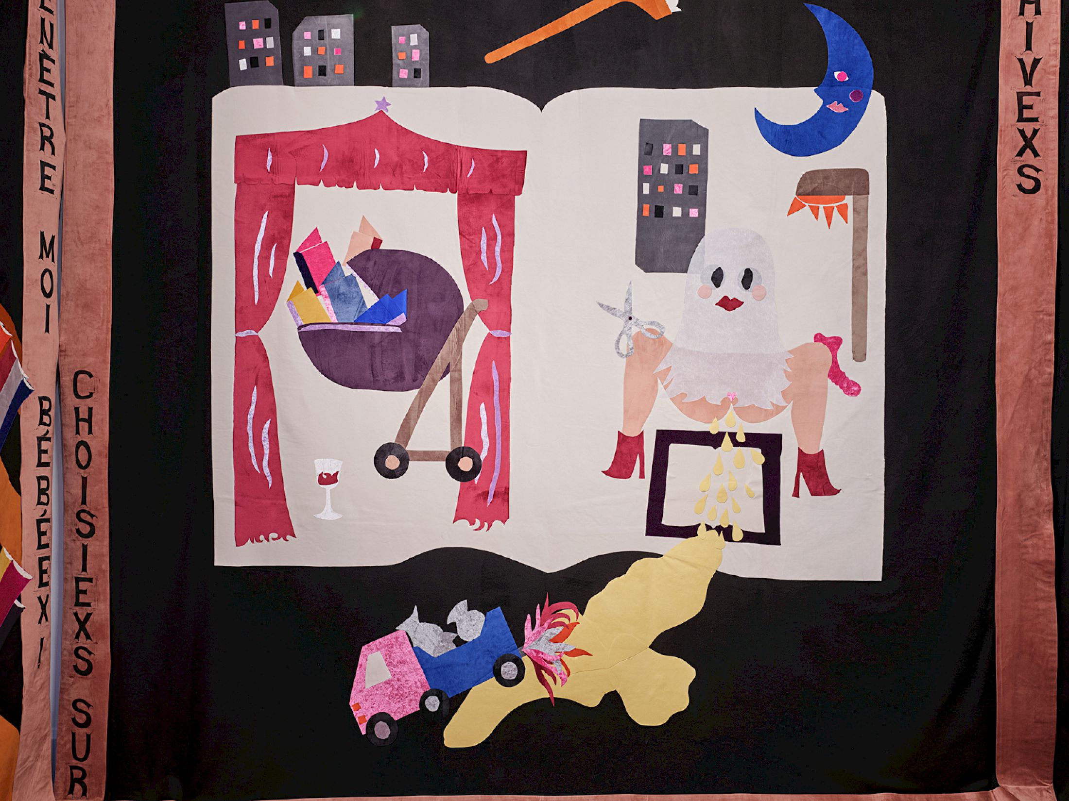 Exhibition View Group Show «Stitches: A Haunted House and Other Ghost Stories ; view on  Léa Katharina Meier, Jardin secret des ordures des sentiments, 2023, textile, linocut, cushions» at Villa Bernasconi, Lancy, Geneva, 2026 / Photo: Nicolas Delaroche / Courtesy: the artists and Villa Bernasconi