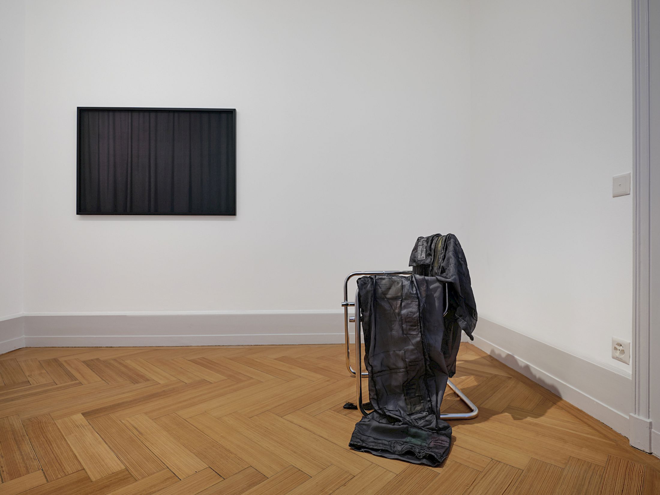 Exhibition View Group Show «Stitches: A Haunted House and Other Ghost Stories ; view on Nina Rieben, Selective news, 2026, pigment prints on Hahnemühle paper, 2 pieces ; Nina Rieben, Dreamadministration (Dauerentwurf), 2026, textile, handwriting on paper, to-do lists, threads, pins, chair frame» at Villa Bernasconi, Lancy, Geneva, 2026 / Photo: Nicolas Delaroche / Courtesy: the artists and Villa Bernasconi