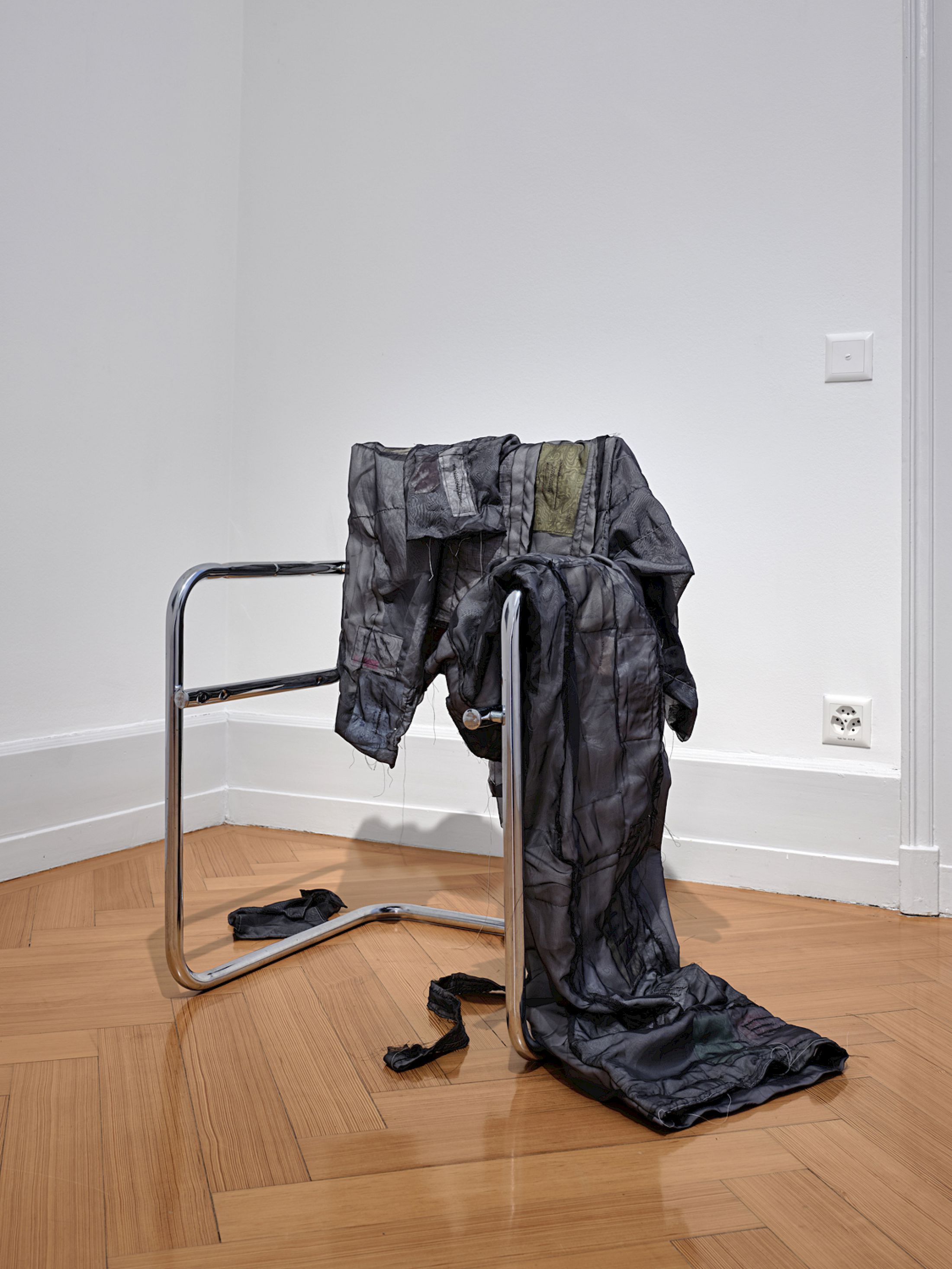 Exhibition View Group Show «Stitches: A Haunted House and Other Ghost Stories ; view on Nina Rieben, Dreamadministration (Dauerentwurf), 2026, textile, handwriting on paper, to-do lists, threads, pins, chair frame» at Villa Bernasconi, Lancy, Geneva, 2026 / Photo: Nicolas Delaroche / Courtesy: the artists and Villa Bernasconi