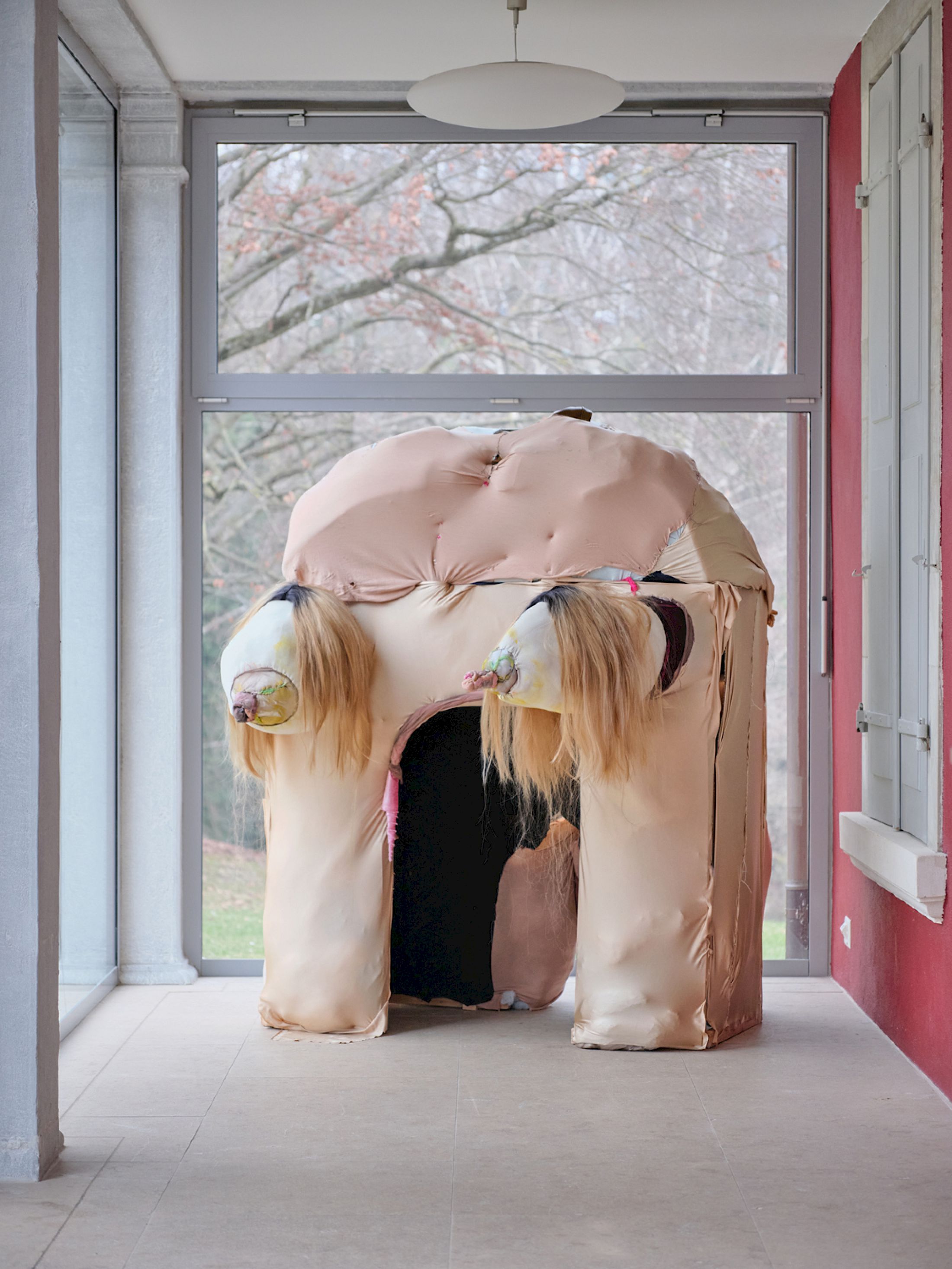 Exhibition View Group Show «Stitches: A Haunted House and Other Ghost Stories ; view on Latefa Wiersch, Original Features, 2020, textile» at Villa Bernasconi, Lancy, Geneva, 2026 / Photo: Nicolas Delaroche / Courtesy: the artists and Villa Bernasconi