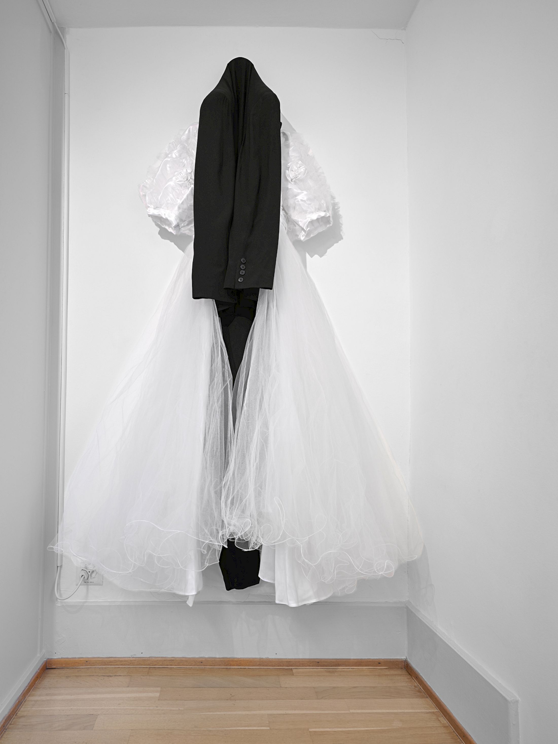 Exhibition View Group Show «Stitches: A Haunted House and Other Ghost Stories ; view on Gotscho, Wedding 1, 1992, acetate, wool, nylon (Tati dress, agnès b. cos- tume), Coll. MAMCO, « Autour de Gilles Dusein », thanks to the support of the artist, Serge Aboukrat, Christian Bernard and Caroline Bourgeois» at Villa Bernasconi, Lancy, Geneva, 2026 / Photo: Nicolas Delaroche / Courtesy: the artists and MAMCO