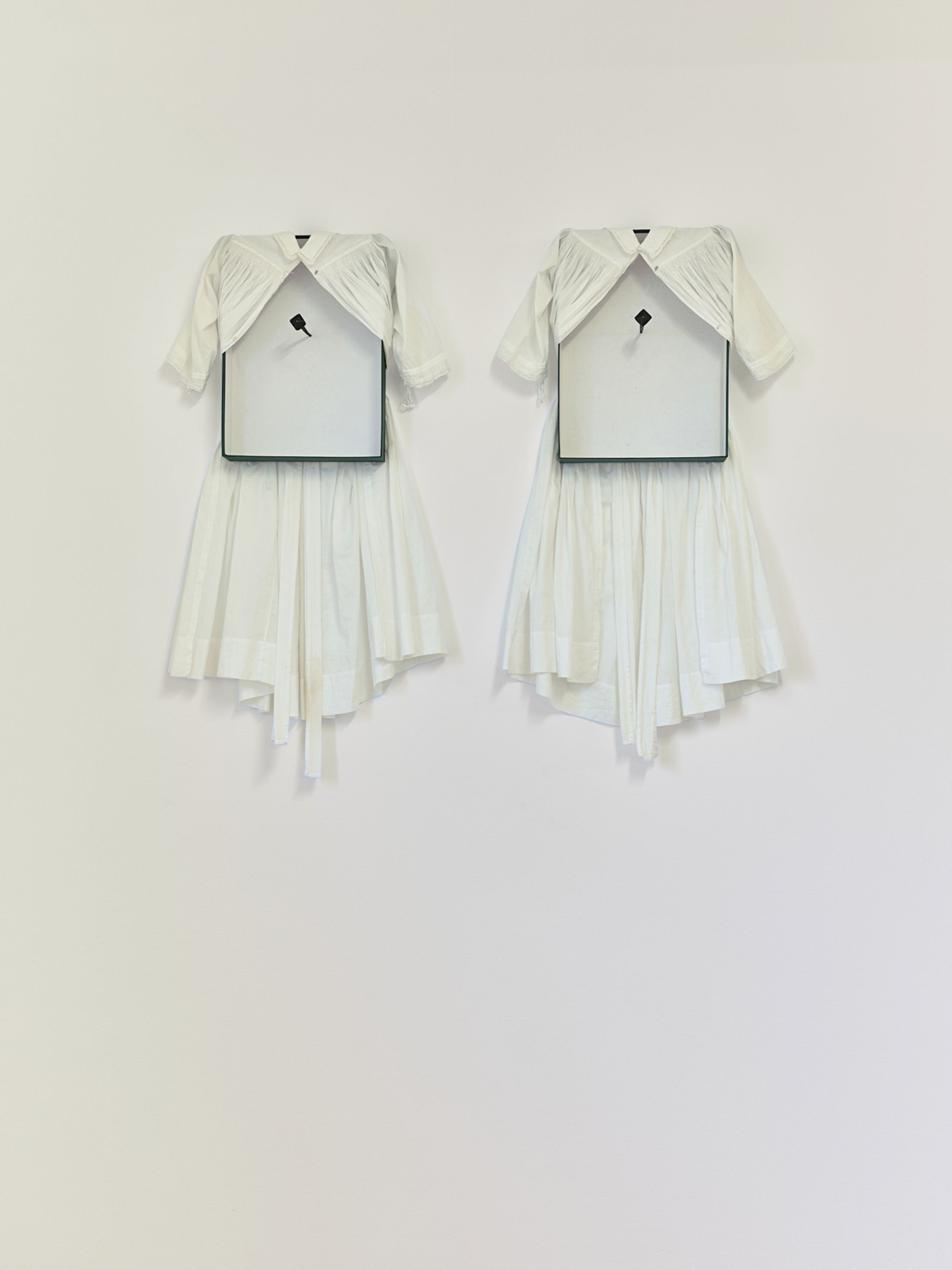 Exhibition View Group Show «Stitches: A Haunted House and Other Ghost Stories ; view on Claire van Lubeek, Cradled – Twins, 2026, cardboard, cotton, lace, forged nail, 2 pieces» at Villa Bernasconi, Lancy, Geneva, 2026 / Photo: Nicolas Delaroche / Courtesy: the artists and Villa Bernasconi