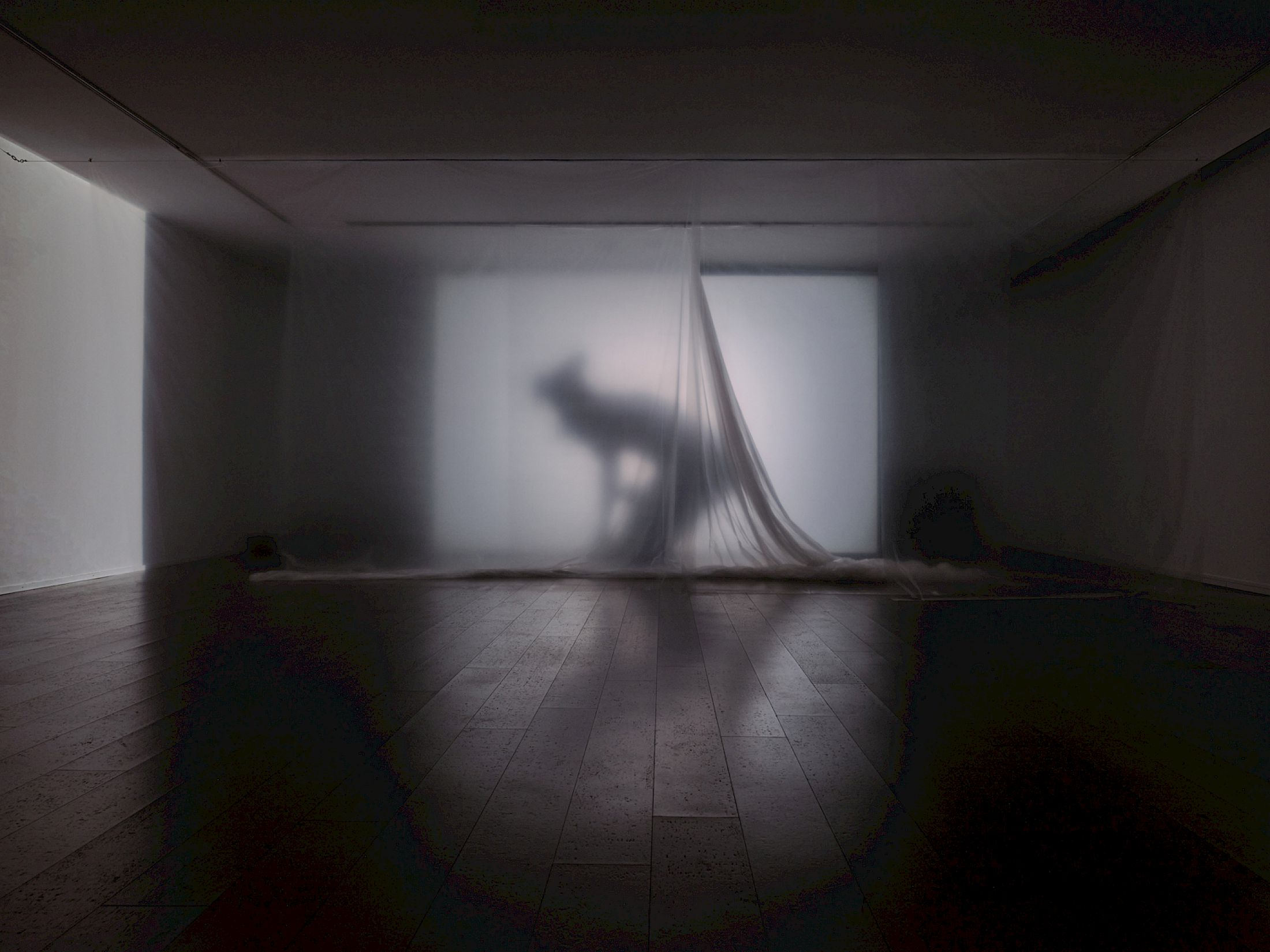 Exhibition View Group Show «Stitches: A Haunted House and Other Ghost Stories ; view on Sandar Tun Tun, Light.wav, 2026, audiovisual installation, 18’ (loop), 4.1 multichannel sound, projection, plastic, scent, with the participation of Elie Autin, Meryam Benbachir, Deborah E. Macauley» at Villa Bernasconi, Lancy, Geneva, 2026 / Photo: Nicolas Delaroche / Courtesy: the artists and Villa Bernasconi