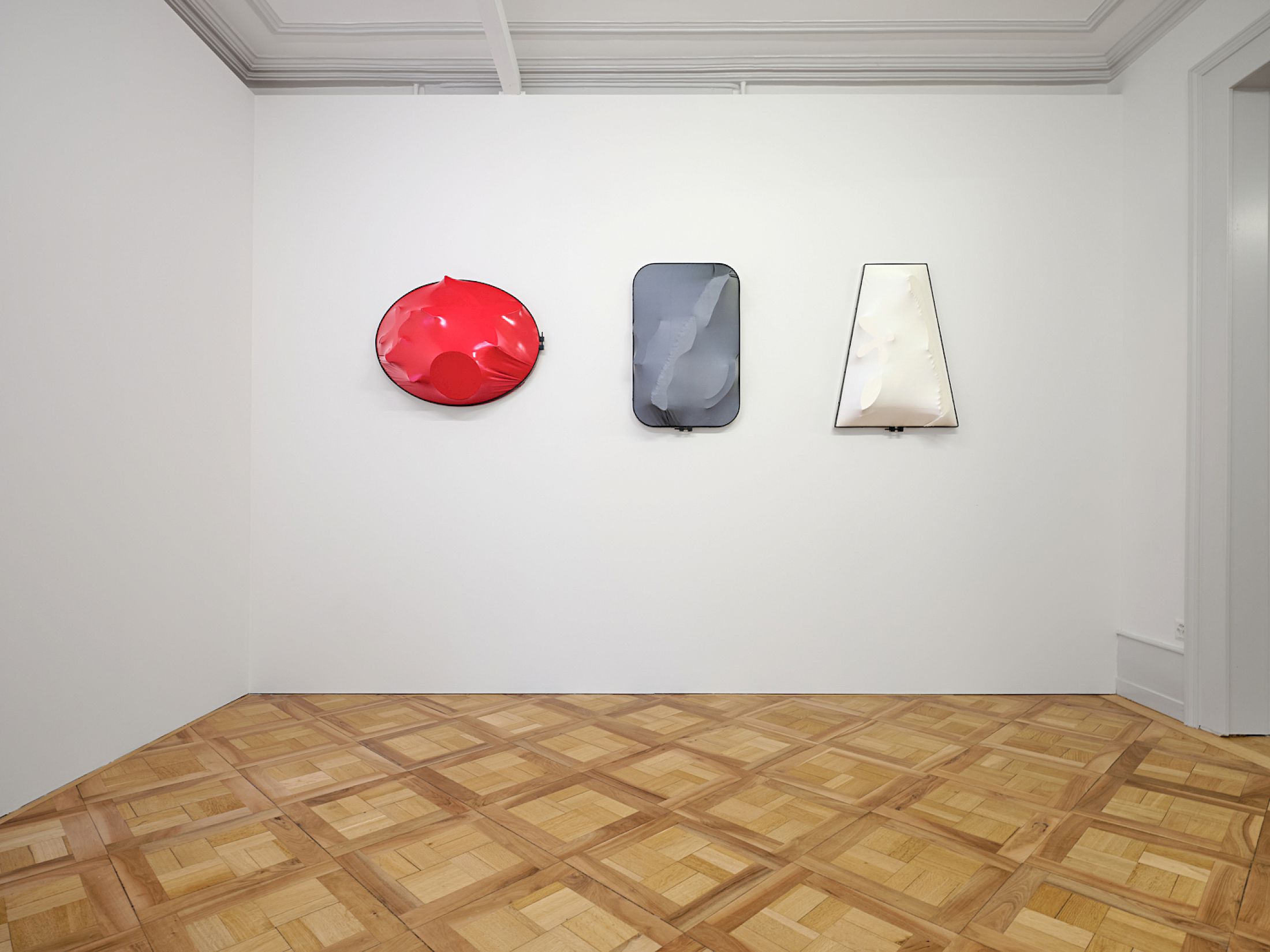 Exhibition View Group Show «Stitches: A Haunted House and Other Ghost Stories ; view on Sonia Kacem, Ensemble of Three (Familiar Strangeness), 2023, textile, wood, metal» at Villa Bernasconi, Lancy, Geneva, 2026 / Photo: Nicolas Delaroche / Courtesy: the artist and Galerie Gregor Staiger, Zurich/Milan