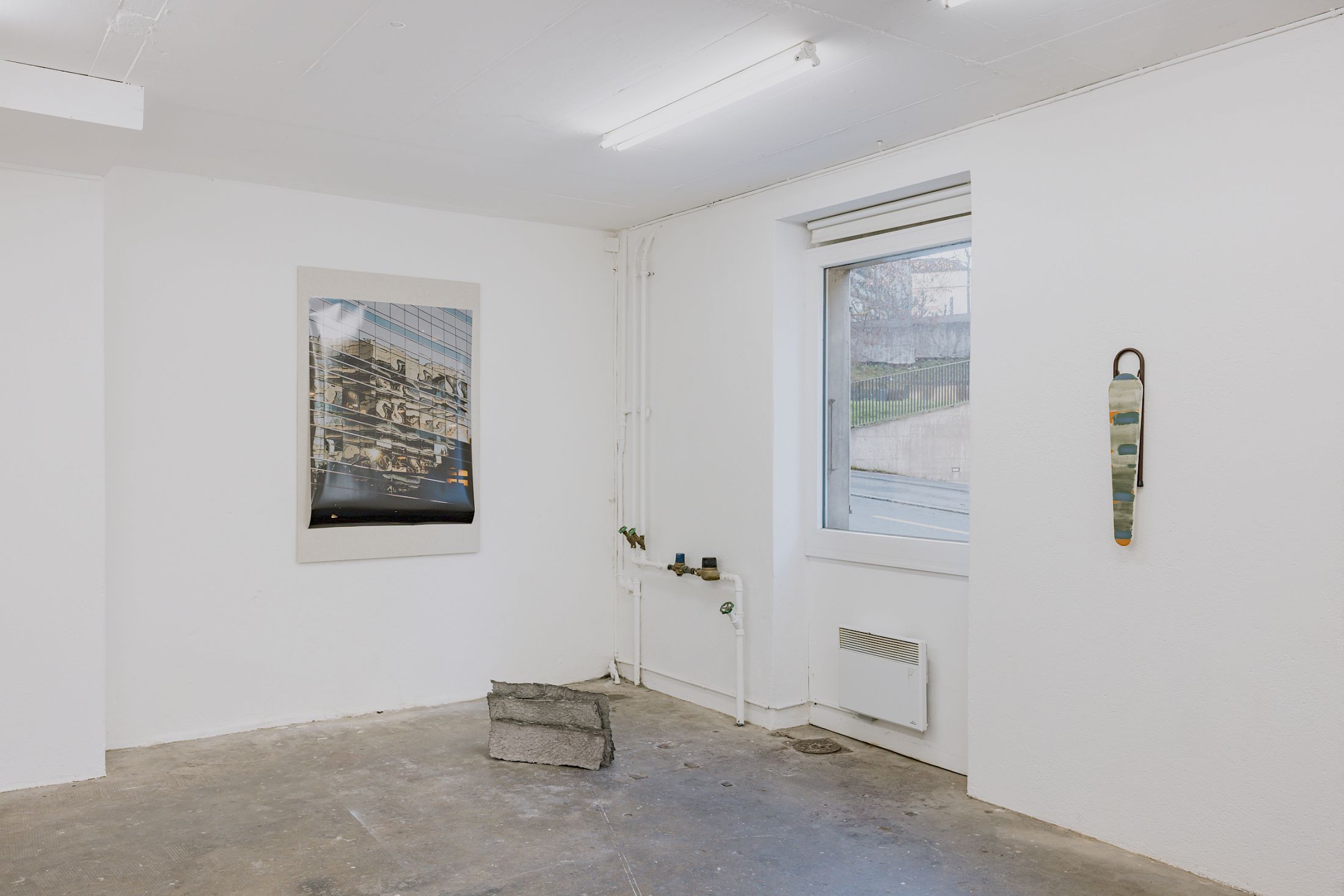 Exhibition View Duo Show Thalles Piaget and Yann Stéphane Bisso «Where have you been?» at WallStreet, Fribourg, 2025-2026 / Photo: Julie Folly / Courtesy: the artists and WallStreet