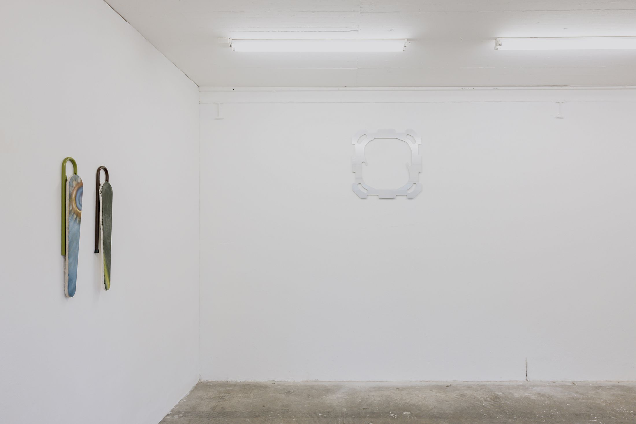 Exhibition View Duo Show Thalles Piaget and Yann Stéphane Bisso «Where have you been?» at WallStreet, Fribourg, 2025-2026 / Photo: Julie Folly / Courtesy: the artists and WallStreet