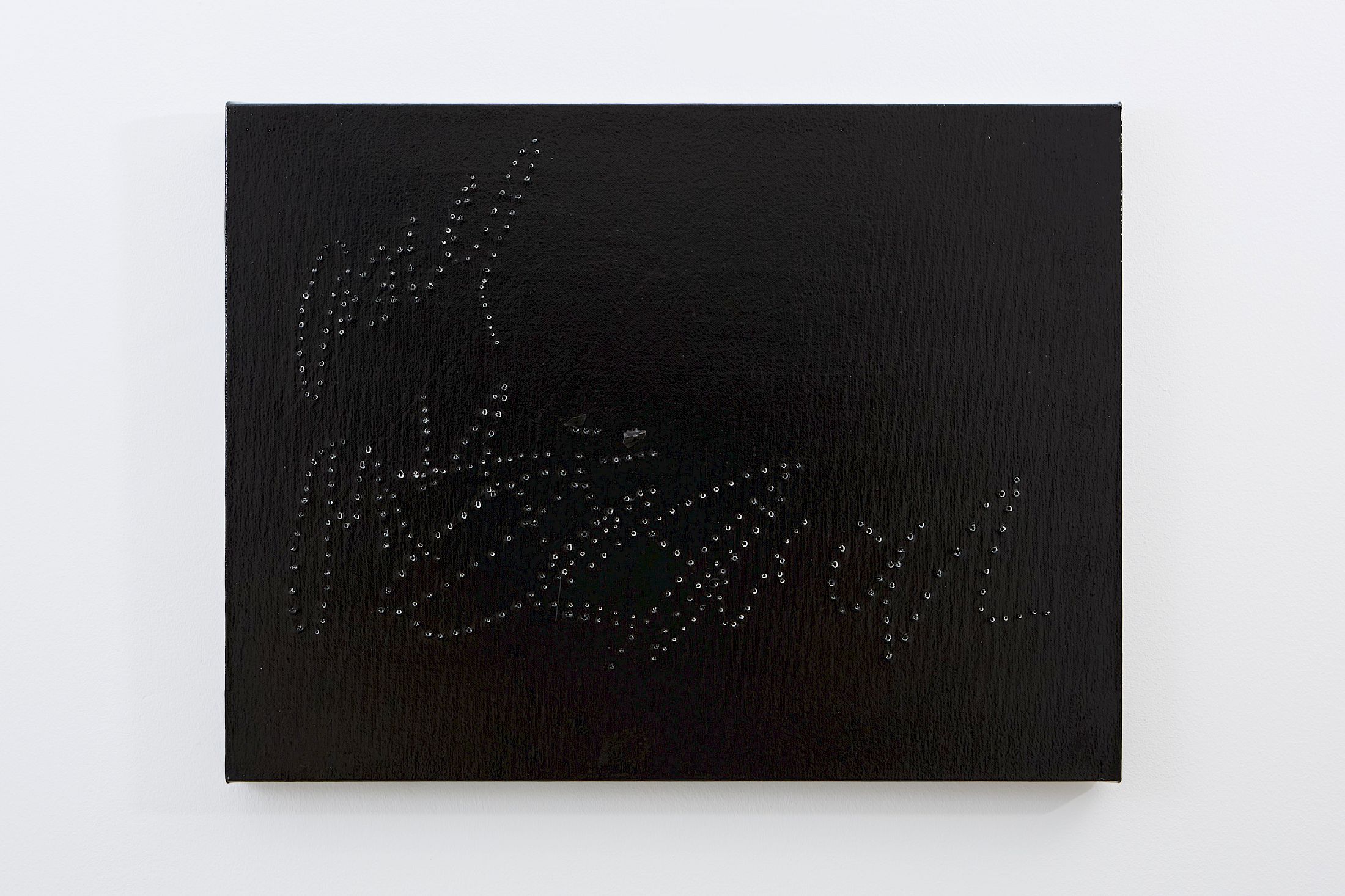 Exhibition View Solo Show Valentina Vaccarella «Cue Marks ; view on Aguirre, the Wrath of God, 2026, Enamel, black obsidian and holes on canvas, 48 × 63.5 cm» at Sentiment, Zurich, 2026 / Photo: Philipp Rupp / Courtesy: the artist and Sentiment