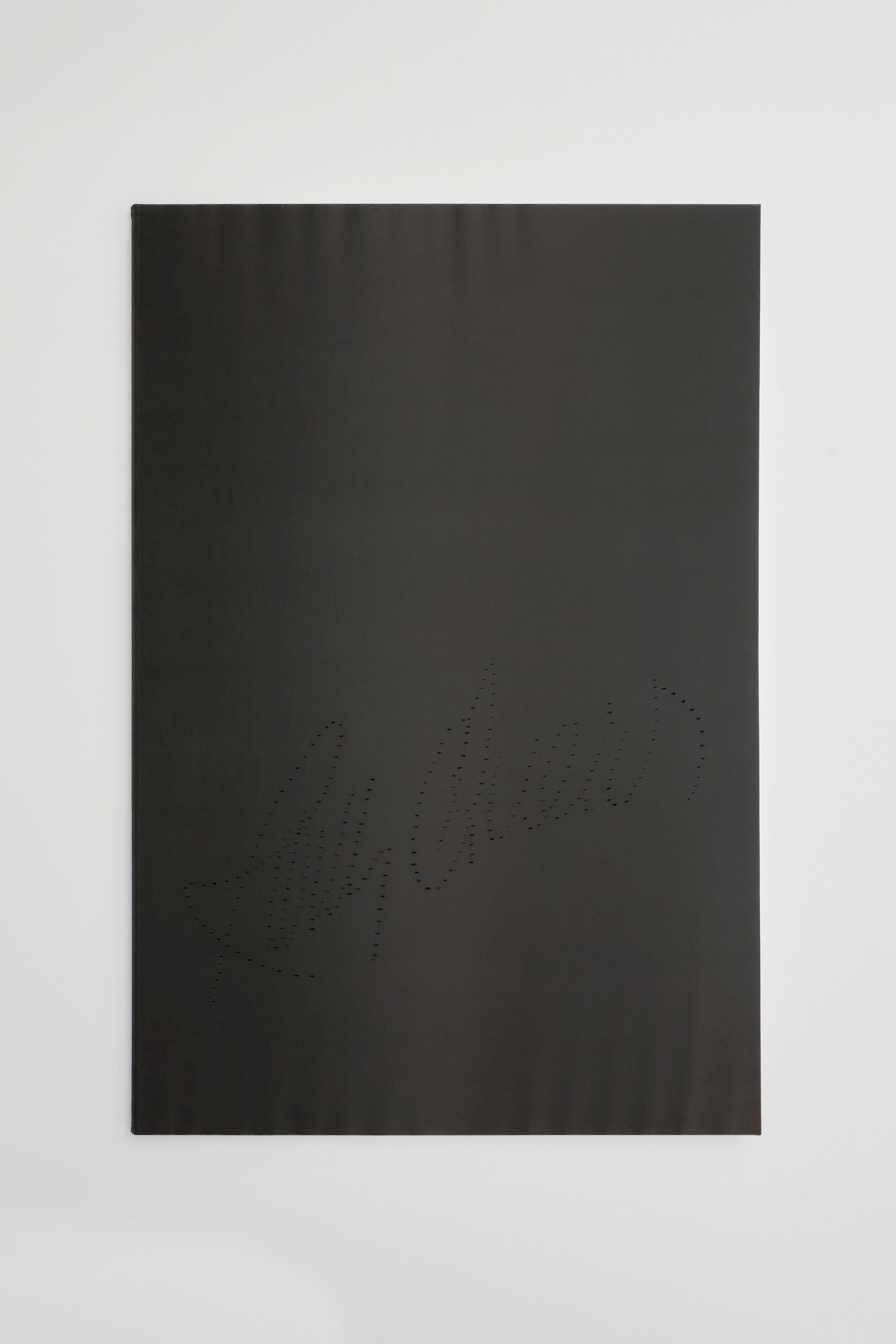 Exhibition View Solo Show Valentina Vaccarella «Cue Marks ; view on L'important c'est d'aimer, 2026, Silk and holes, 105 × 155 cm» at Sentiment, Zurich, 2026 / Photo: Philipp Rupp / Courtesy: the artist and Sentiment