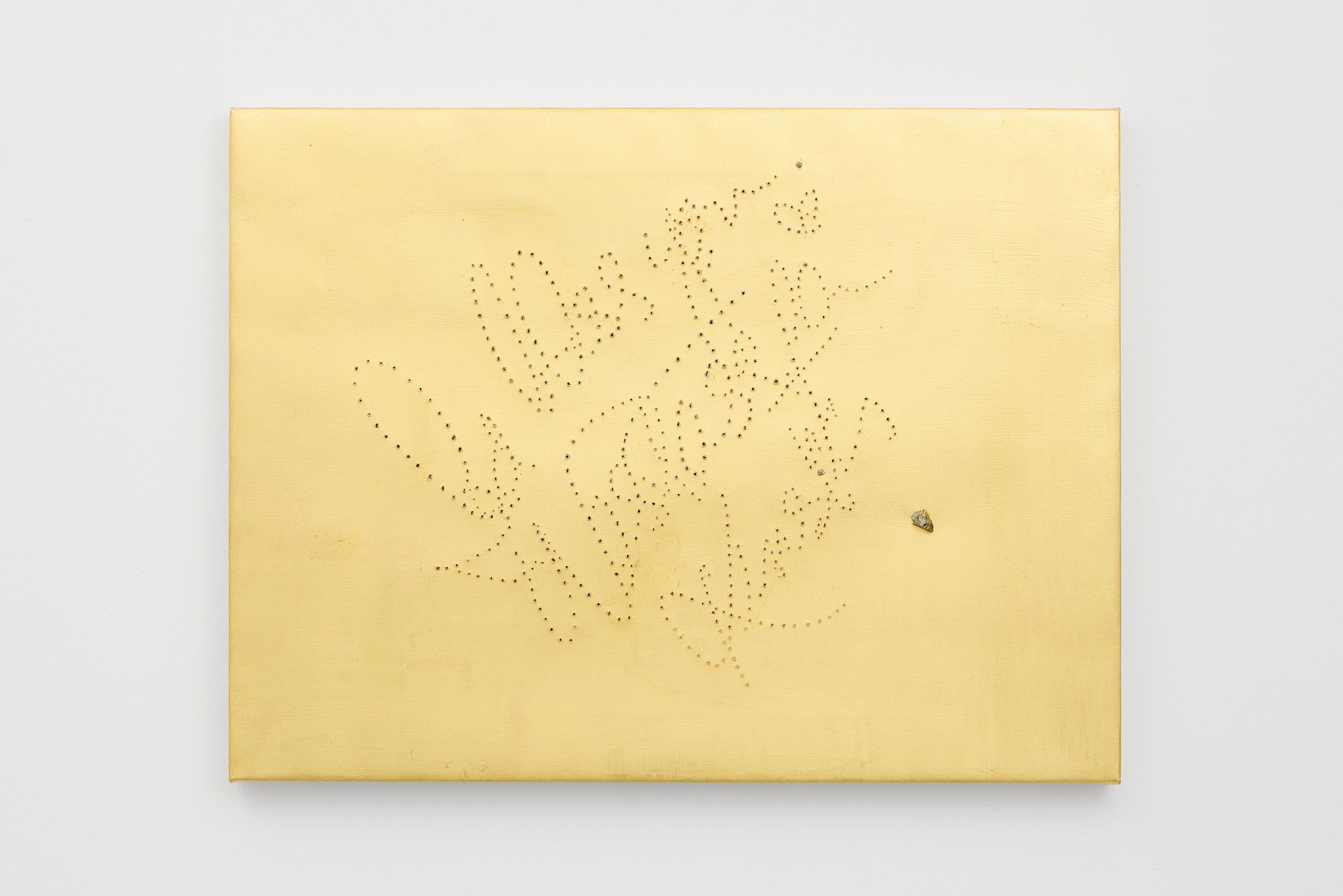 Exhibition View Solo Show Valentina Vaccarella «Cue Marks ; view on Tess, 2026, 22kt fold leaf, pyrrhotite and holes on canvas, 48 × 63.5 cm» at Sentiment, Zurich, 2026 / Photo: Philipp Rupp / Courtesy: the artist and Sentiment
