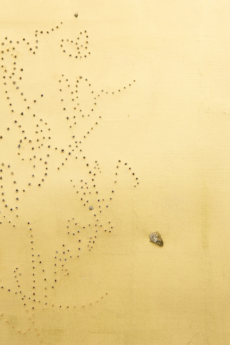 Exhibition View Solo Show Valentina Vaccarella «Cue Marks ; view on Tess (detail), 2026, 22kt fold leaf, pyrrhotite and holes on canvas, 48 × 63.5 cm» at Sentiment, Zurich, 2026 / Photo: Philipp Rupp / Courtesy: the artist and Sentiment