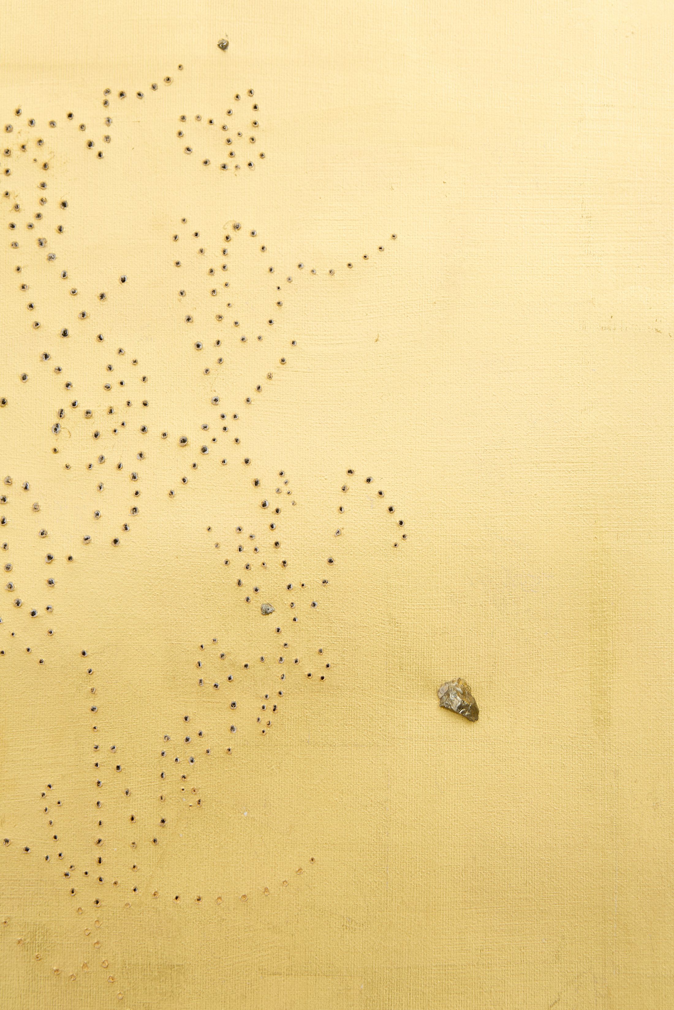 Exhibition View Solo Show Valentina Vaccarella «Cue Marks ; view on Tess (detail), 2026, 22kt fold leaf, pyrrhotite and holes on canvas, 48 × 63.5 cm» at Sentiment, Zurich, 2026 / Photo: Philipp Rupp / Courtesy: the artist and Sentiment