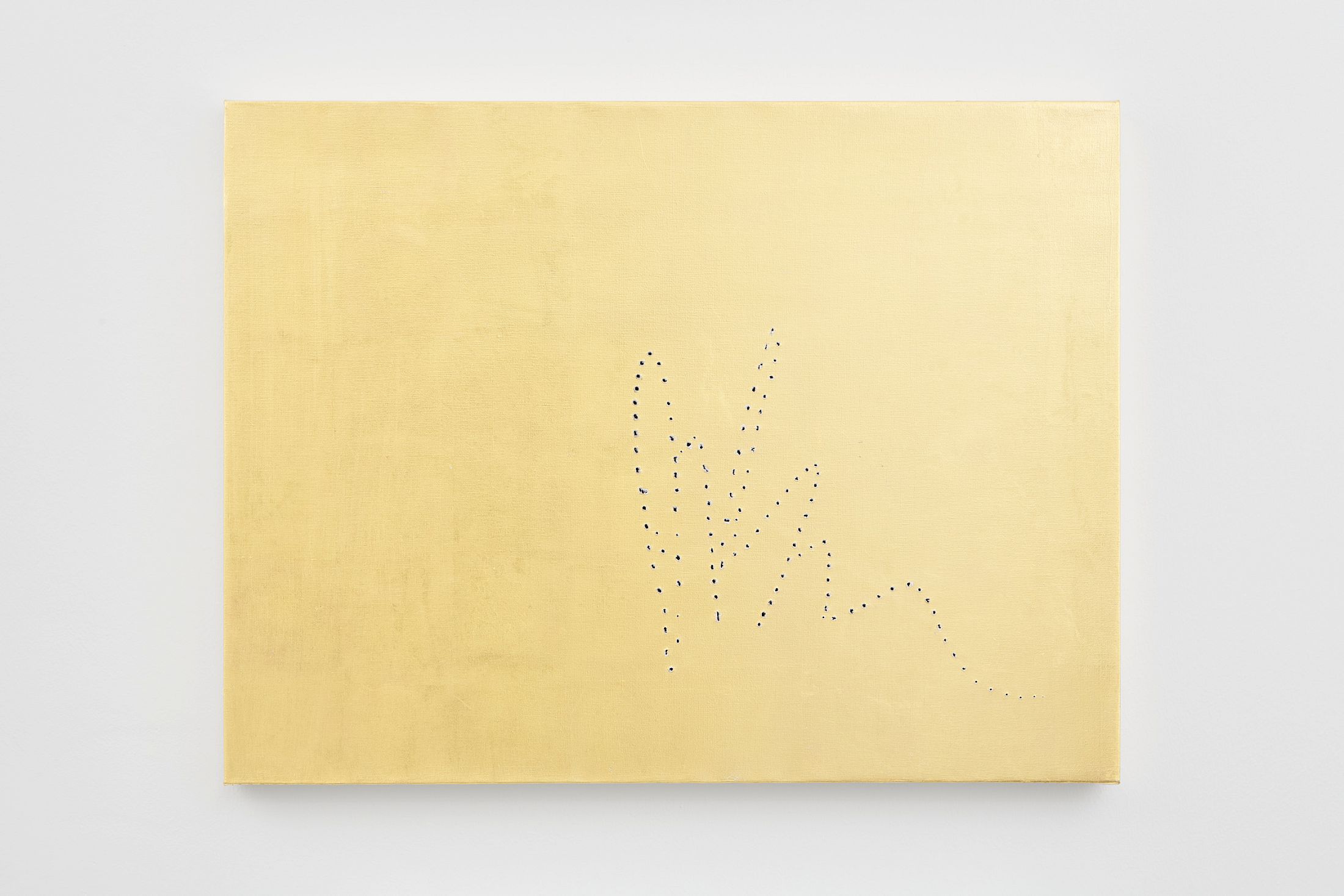 Exhibition View Solo Show Valentina Vaccarella «Cue Marks ; view on E.T. The Extra-Terrestrial, 2026, 22kt gold leaf and holes on canvas, 48 × 63.5 cm» at Sentiment, Zurich, 2026 / Photo: Philipp Rupp / Courtesy: the artist and Sentiment