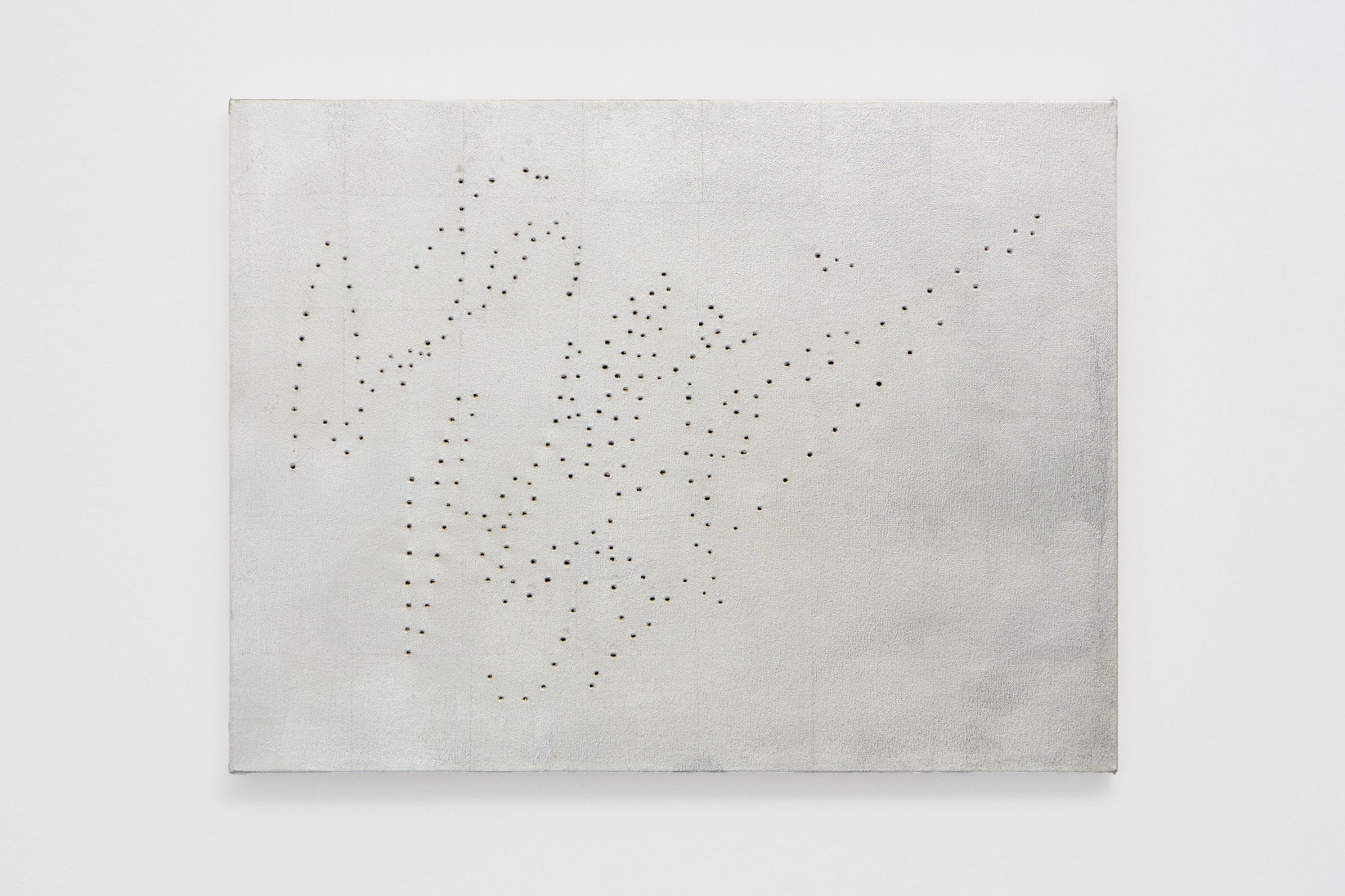 Exhibition View Solo Show Valentina Vaccarella «Cue Marks ; view on Possession, 2026, Silver leaf and holes on canvas, 48 × 63.5 cm» at Sentiment, Zurich, 2026 / Photo: Philipp Rupp / Courtesy: the artist and Sentiment