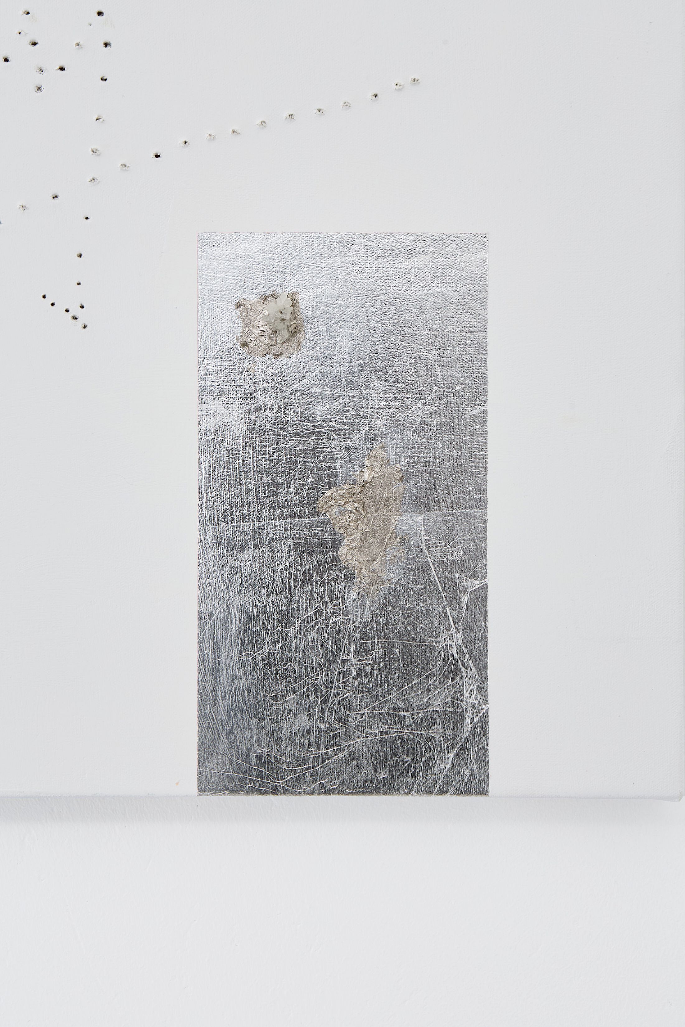 Exhibition View Solo Show Valentina Vaccarella «Cue Marks ; view on Mr. Klein (detail), 2026, Silver leaf, palladium leaf, clear quartz, marble dust and holes on canvas, 48 × 63.5 cm» at Sentiment, Zurich, 2026 / Photo: Philipp Rupp / Courtesy: the artist and Sentiment