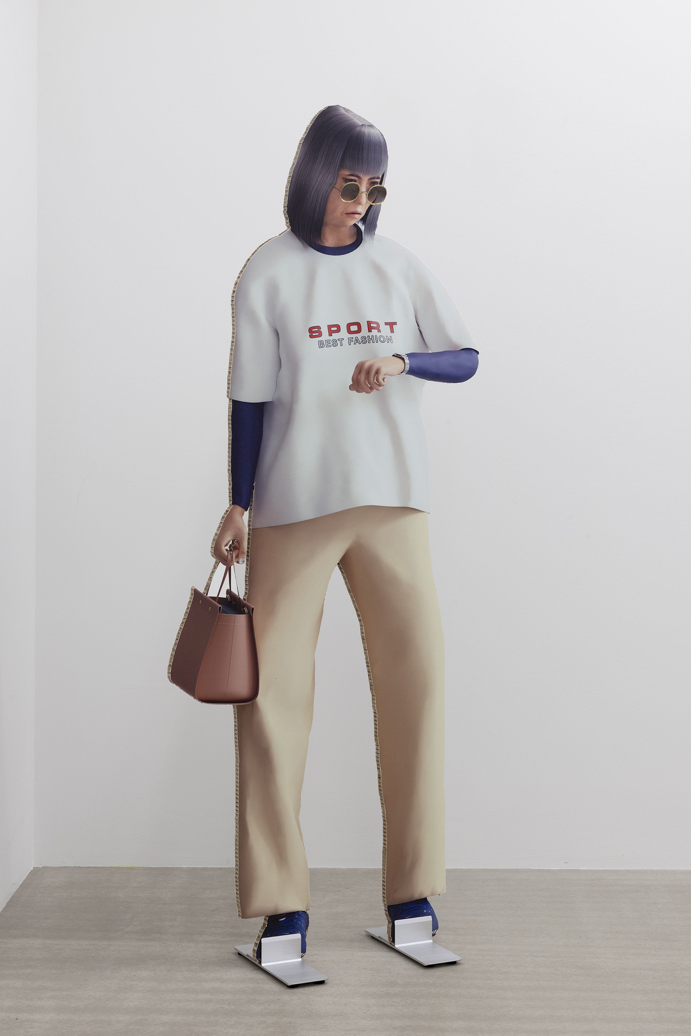 Exhibition View Group Show «Wear a mask and your face grows to fit it ; view on SPORT, SPORT NPC-Model 1–3, CGI, UV-print on honeycomb cardboard, various dimensions» at For, Basel, 2025 / Photo: Gina Folly / Courtesy: the artists and For