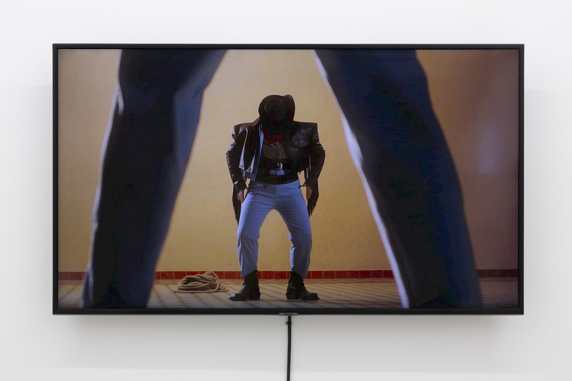 Exhibition View Group Show «Wear a mask and your face grows to fit it ; view on Melanie Jame Wolf, The Creep, 2024, single channel 4K video, colour, sound, 14 minutes 40 seconds» at For, Basel, 2025 / Photo: Gina Folly / Courtesy: the artists and For