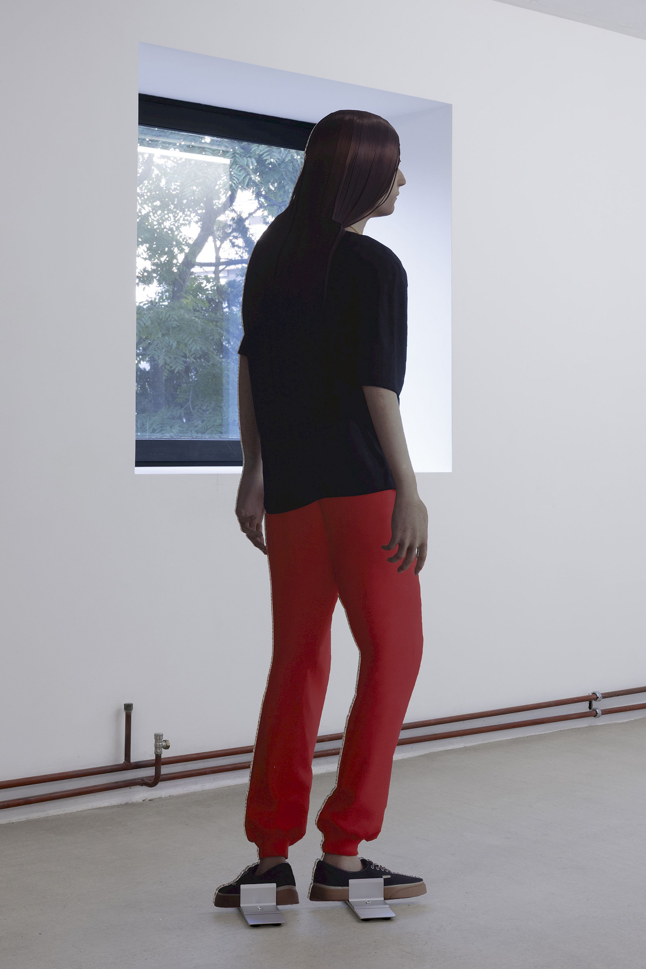 Exhibition View Group Show «Wear a mask and your face grows to fit it ; view on SPORT, SPORT NPC-Model 1–3, CGI, UV-print on honeycomb cardboard, various dimensions» at For, Basel, 2025 / Photo: Gina Folly / Courtesy: the artists and For